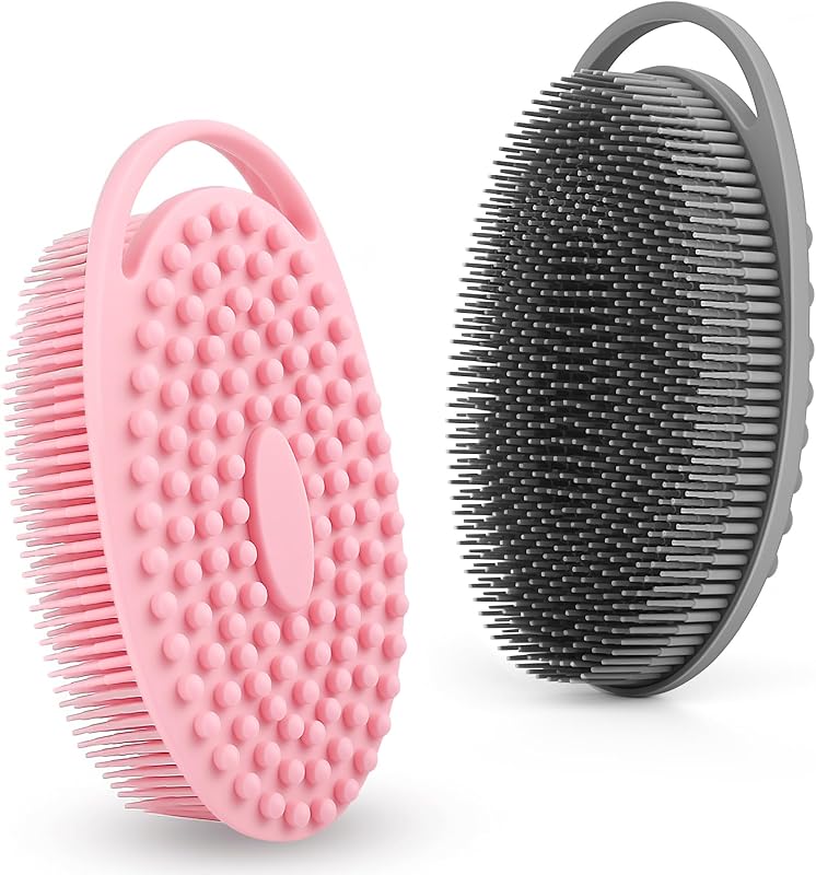 Escova de banho e shampoo de silicone dupla face ZYLOP, cinza e rosa, pacote com 2