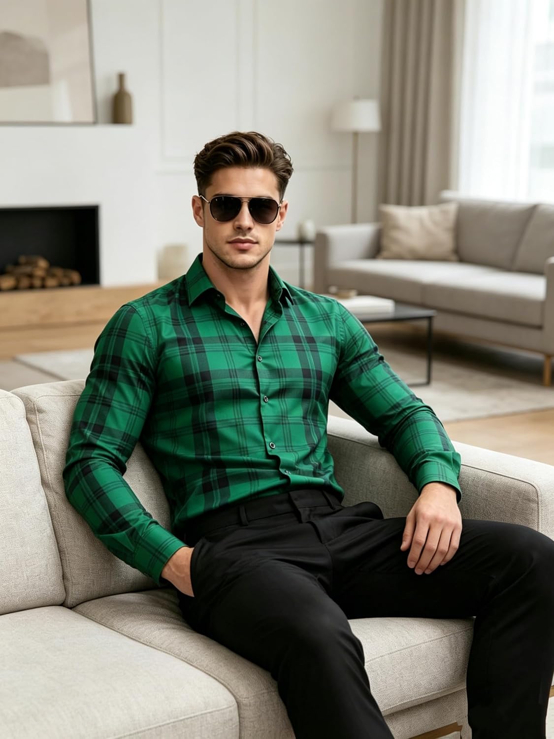 Men's Long Sleeve Button Down Plaid Shirts Slim Fit Striped Collared Casual Dress Shirts for Business Work Date