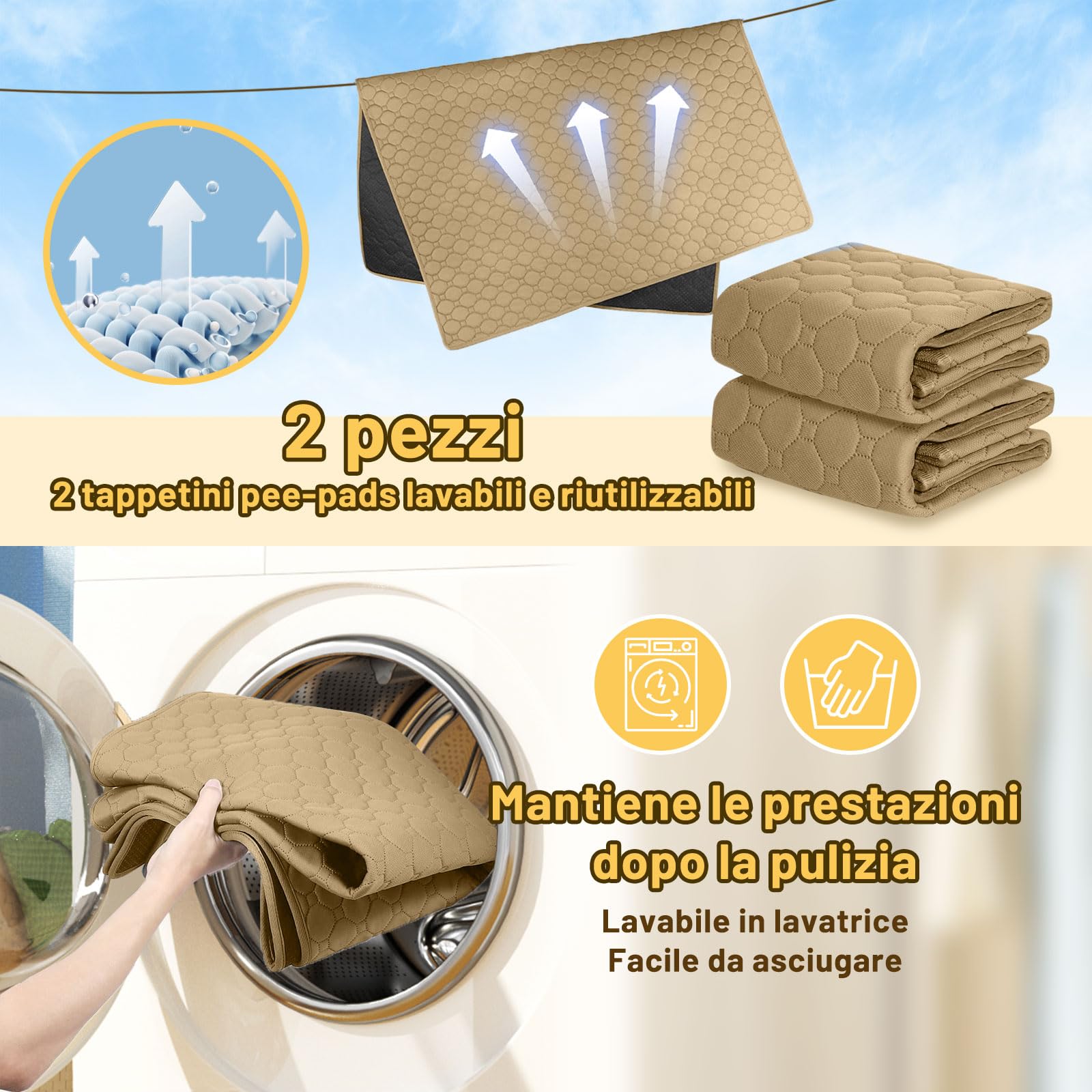 Set di 2 tappetini da allenamento per cani e gatti, extra forti, assorbenti, impermeabili e antiscivolo, lavabili e riutilizzabili, per cuccioli e animali domestici (marrone, 150 x 90 cm)