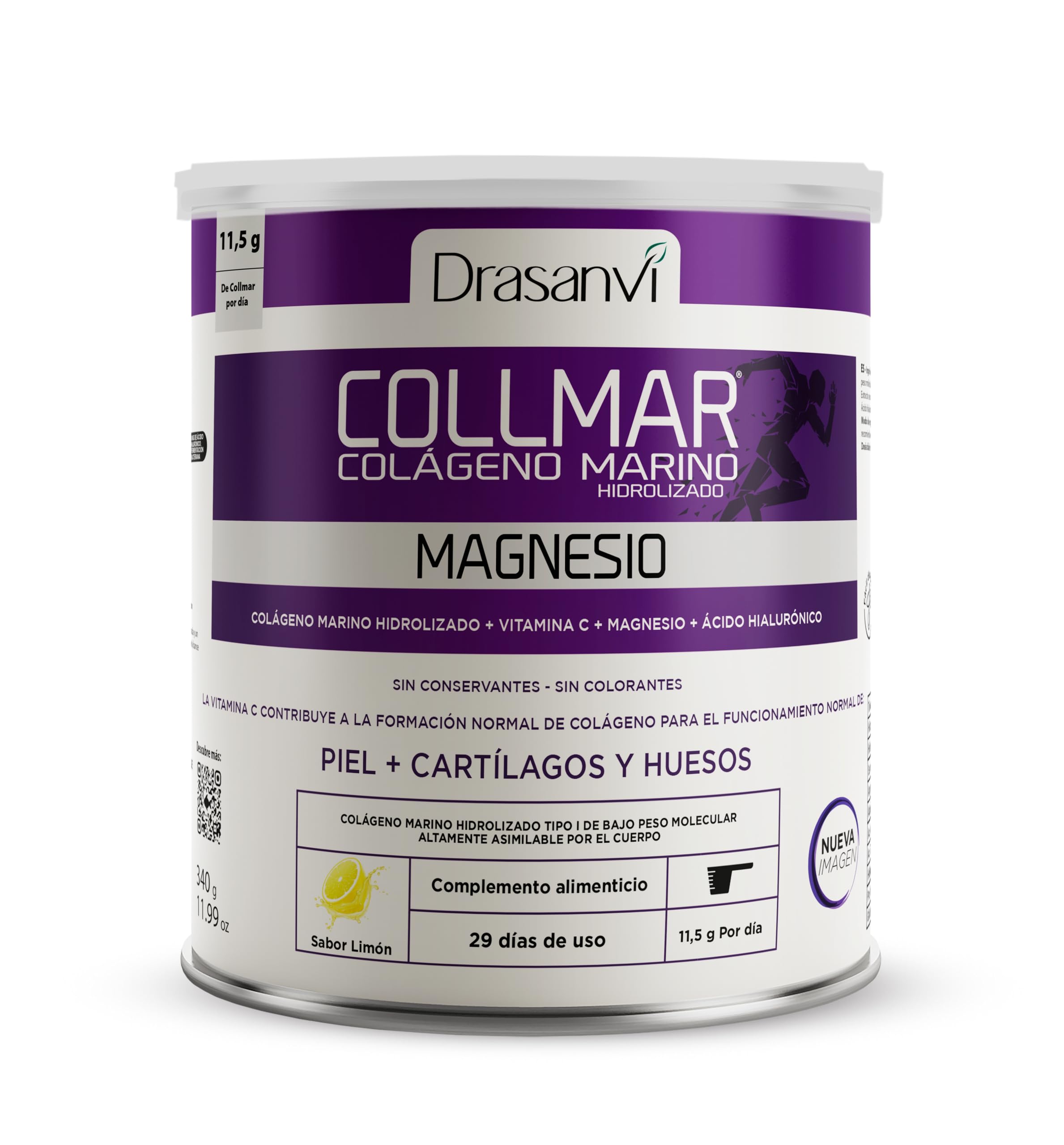 DRASANVI COLAGENO HIDROLIZADO con Ácido Hialurónico, Magnesio y Vitamina C Natural - Huesos, Articulaciones y Piel - Colágeno Marino 9.655 mg/día | 340 GR = 29 días | Sabor Limón