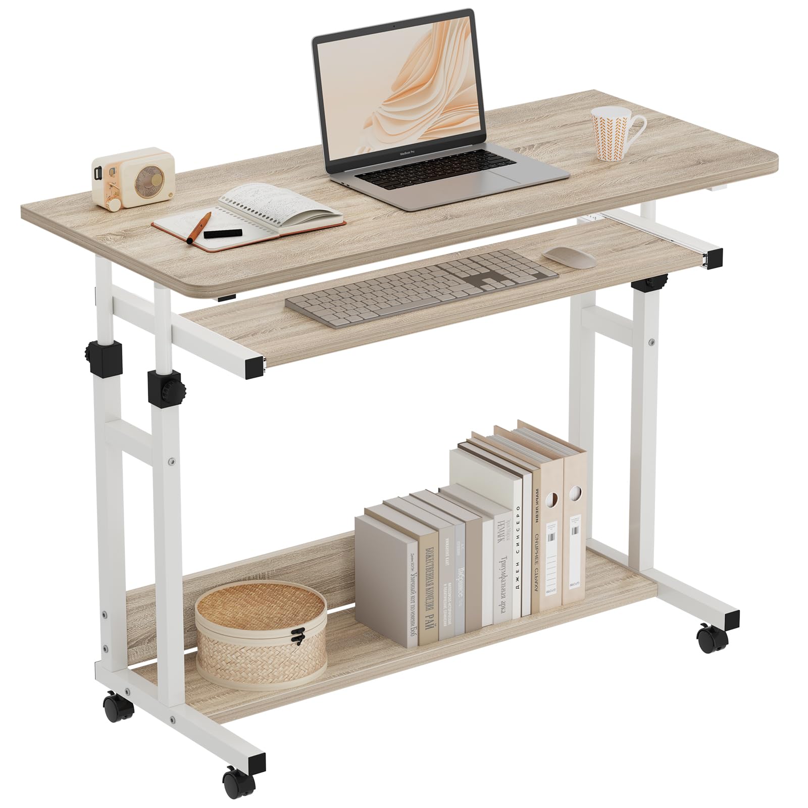 Dripex Escritorio de Altura Ajustable, Mesa de Ordenador con Ruedas, Escritorio pequeño sobre Ruedas, Mesa para portátil Que Ahorra Espacio, con Bandeja extraíble para Teclado y estantería, Mesa