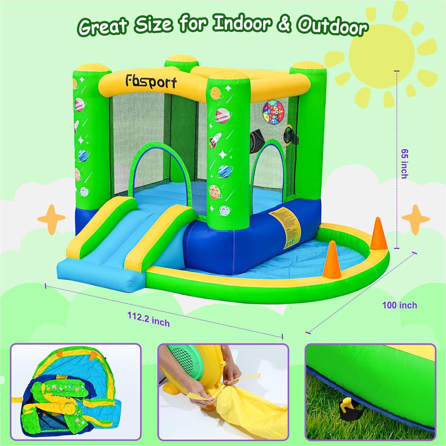 castillo hinchable para niños castillo hinchable acuatico de agua con Ventilador tobogán seco y de Agua, Adecuado para niños, Castillo Children's Bouncy para Uso Interior o Exterior 285 x 254 x 165 cm