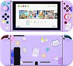 Tscope Cute Protective Cover for Nintendo Switch, Dockable Soft Shell Shockproof Case Joy Con Skin with Space Bunny Pattern, & Thumb Caps, Anti-Scratch