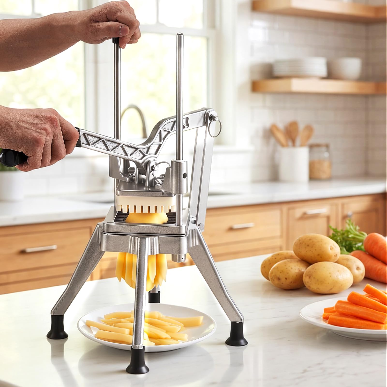 VEVOR Coupe Frites Manuel Professionnel, 4 Couteaux de Rechange 13 mm / 9 mm / 6 mm, Vide-pomme 6 Quartiers en Inox