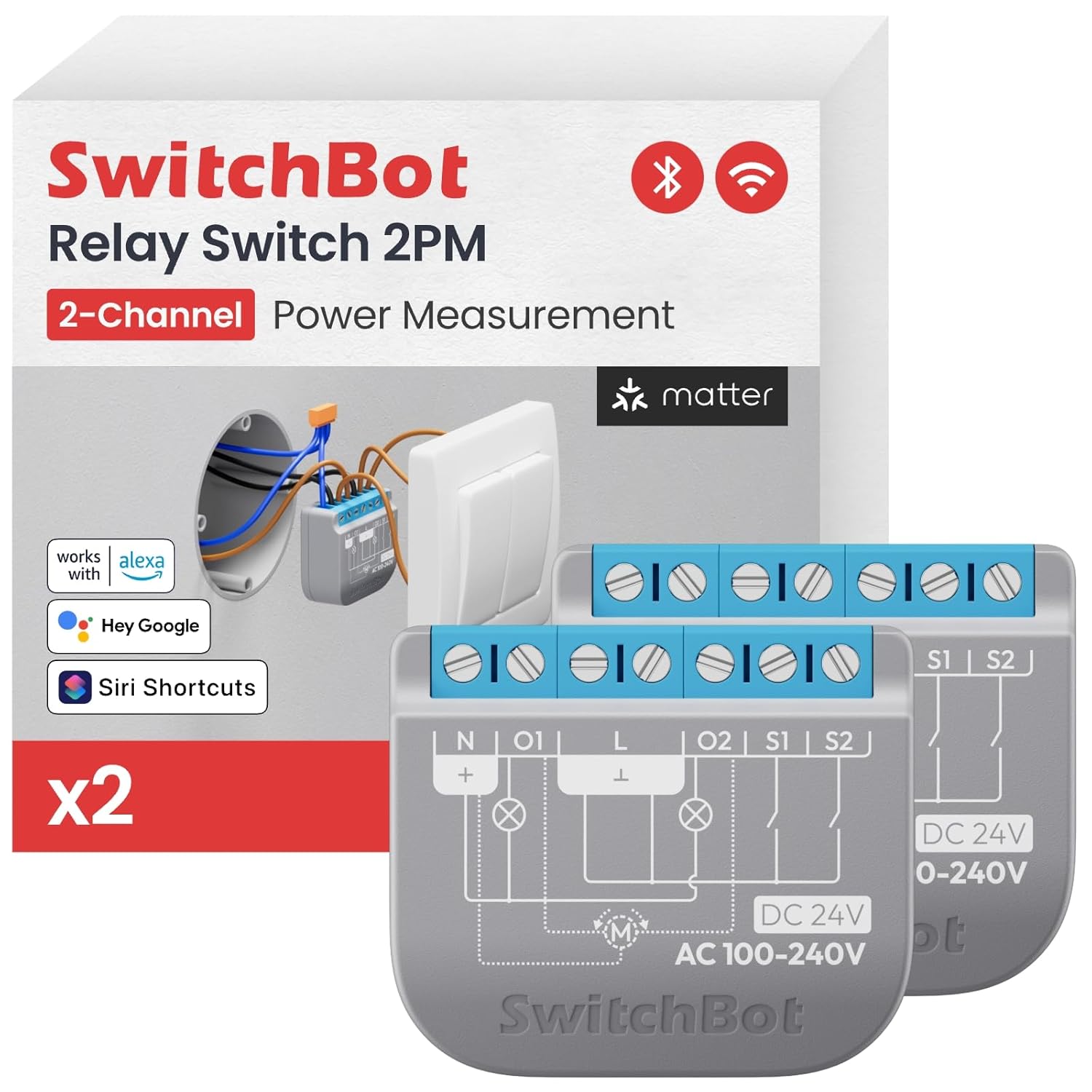 SwitchBot Smart Relay Switch 2PM(2 Pack), Power Metering, Dual Light Control, Built-in Bluetooth Repeater, Wi-Fi&Bluetooth Switch Compatible w/Alexa/Apple Home/Google Home/Matter Hub Required, 2.4GHz