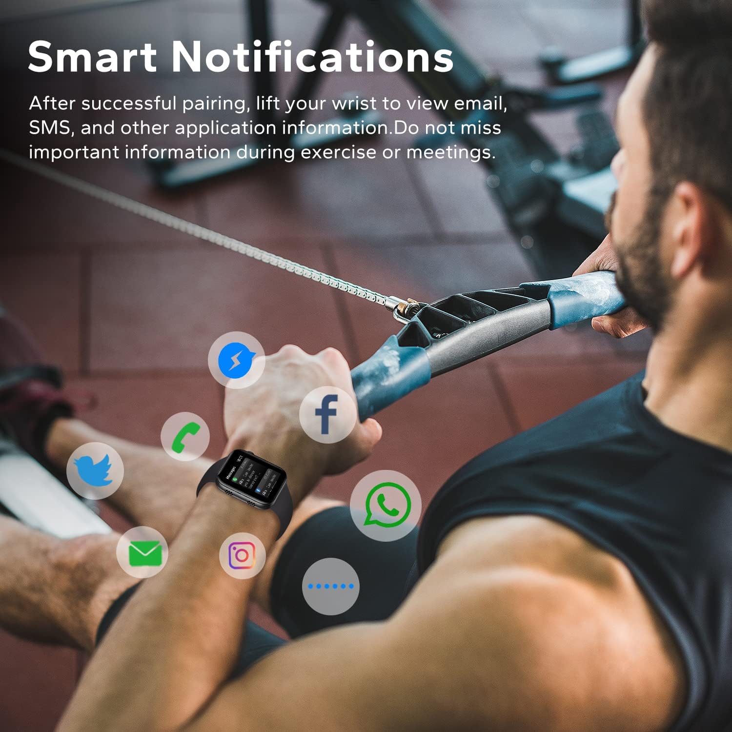 Man exercising with smartwatch displaying various app notifications
