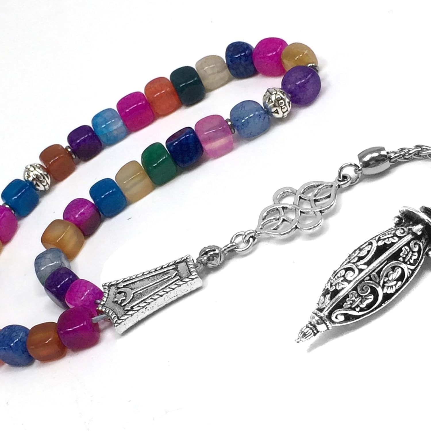 Design -Square Beads Collection Worry Beads - Prayer Beads (8 mm-33 Beads) Tesbih-Tasbih-Tasbeeh-Misbaha-Masbaha-Subha-Sebha-Sibha-Rosary-Worry Beads (Colored Square Agate)