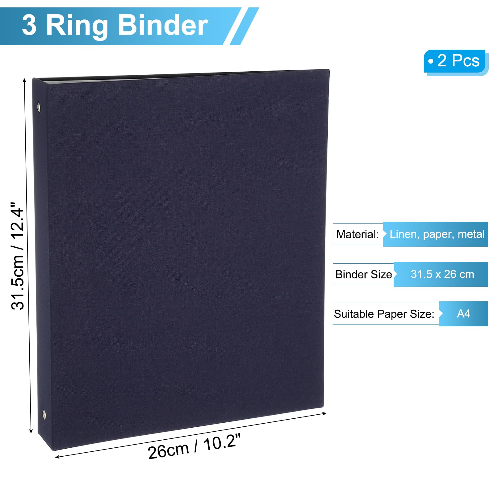 PATIKIL Raccoglitore 3 Anelli, 2 Pz Formato A4 Raccoglitore Rotondo Flessibile Ampia Capacità in Lino per Ufficio Casa Suola, Blu
