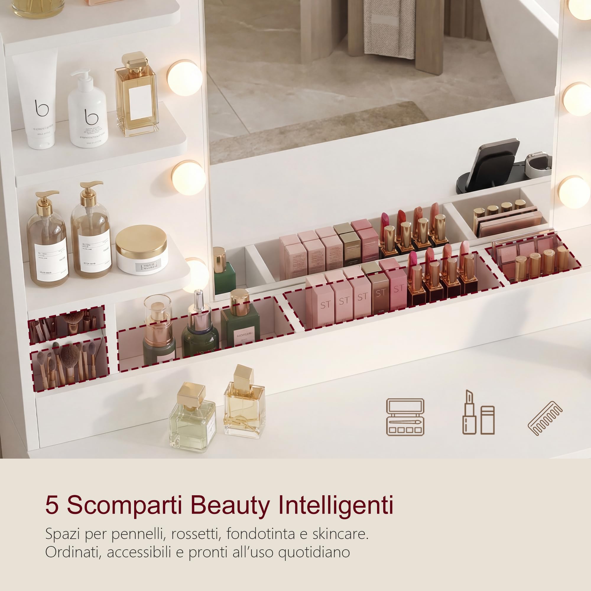 Heybly Toeletta Trucco con Specchio LED e Luci, Tavolo da Trucco con 6 Cassetti e 6 Ripiani, Presa Integrata e Porta Gioielli, Vanity Moderna per Camera da Letto, Bianco BDT002WT