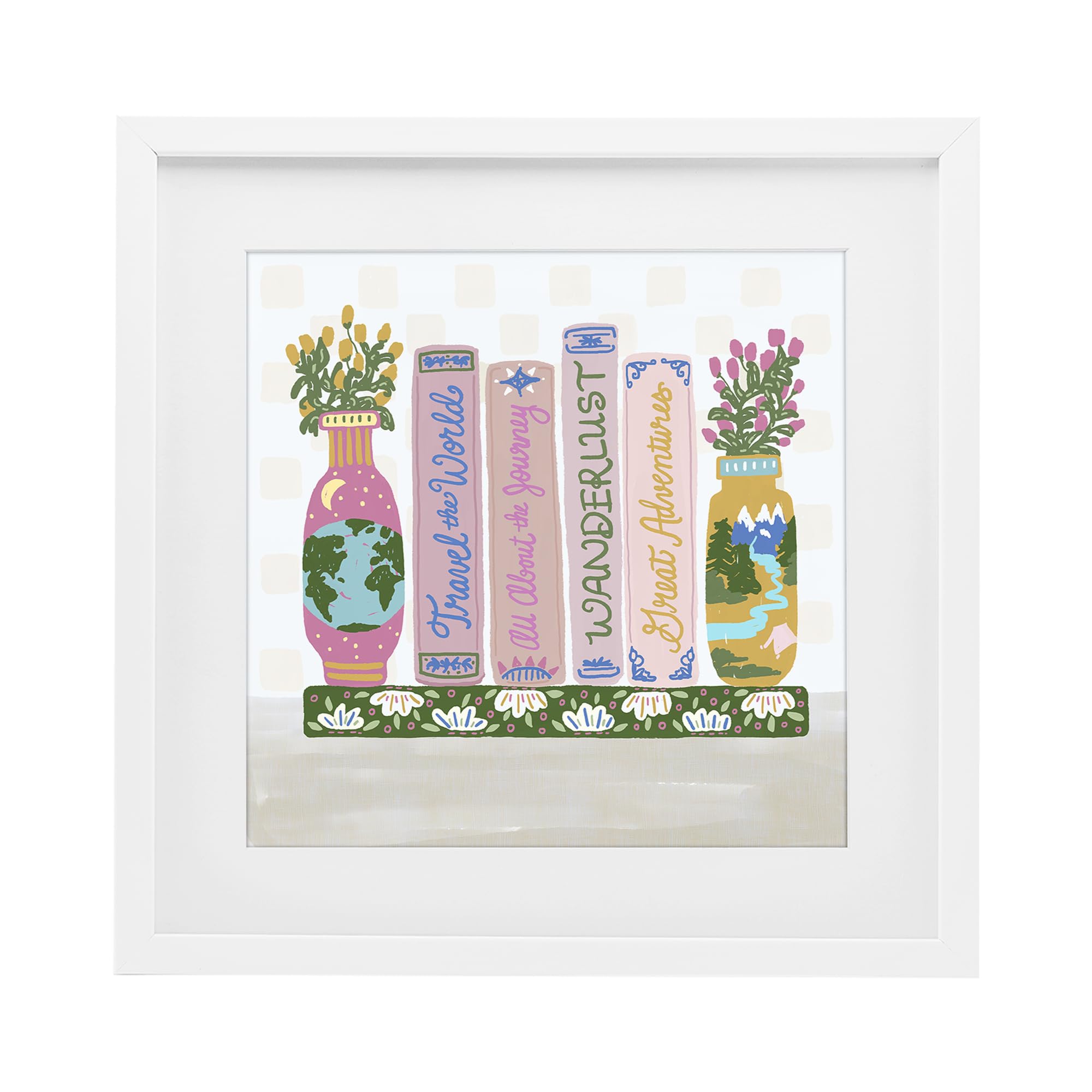 Stupell Industries Coastal White (Textured) 'Boho Travel Books Shelf'| Framed Print Under Glass