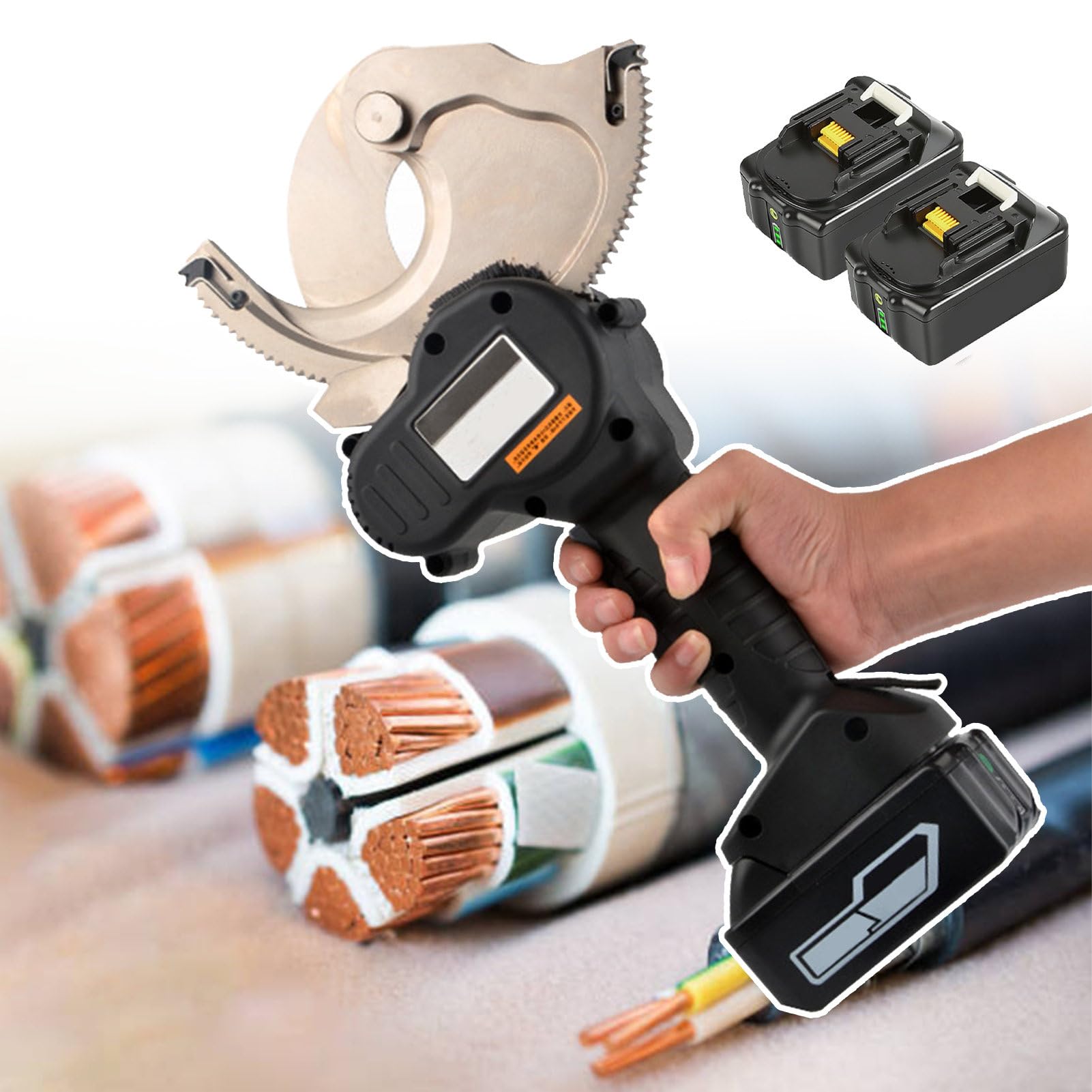 Cortador de cables hidráulico, herramienta eléctrica con trinquete con baterías recargables y cabezal de corte de acero aleado para cables de aluminio de cobre de hasta 75 mm