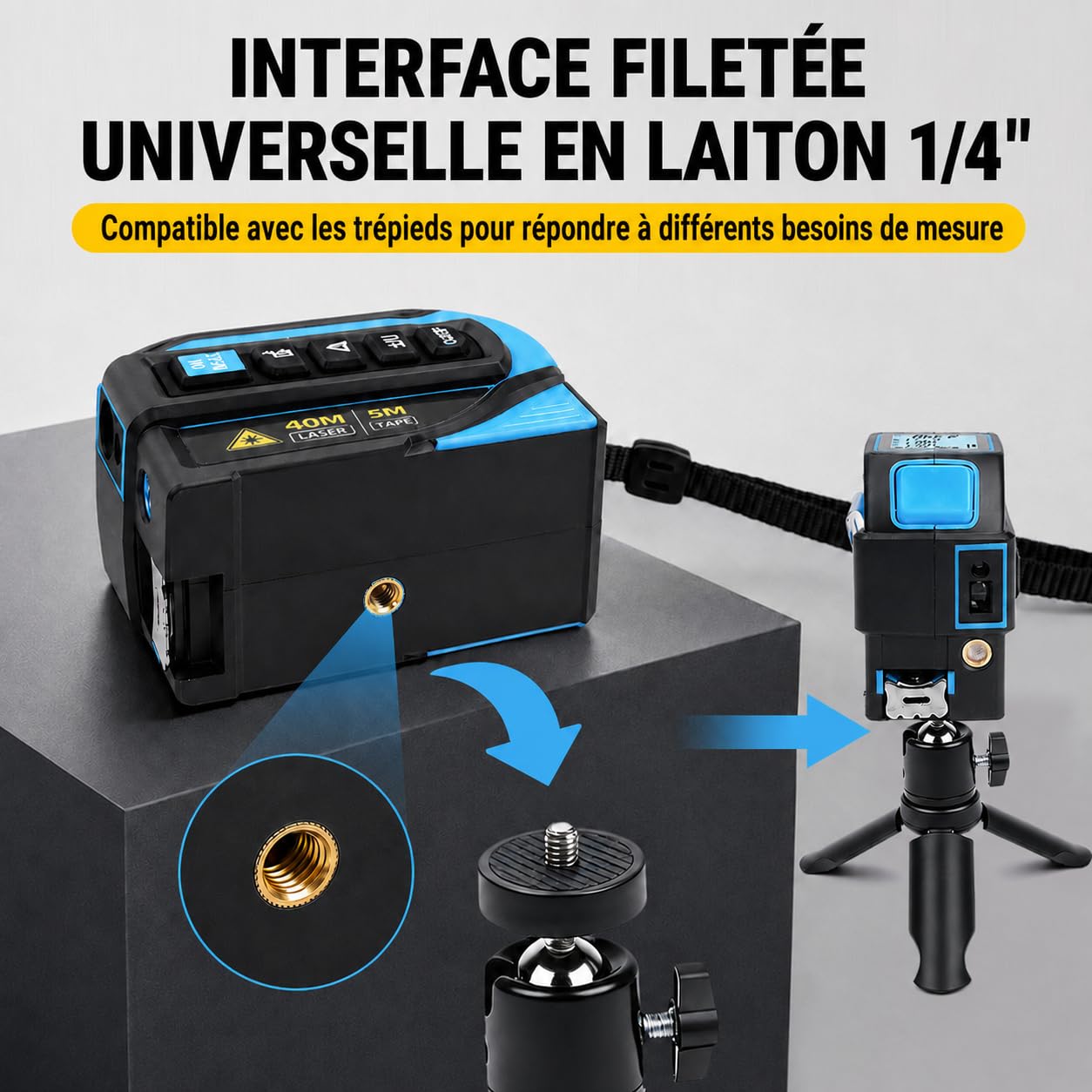 Ruban à Mesurer Laser 4 en 1, 40m Telemetre Laser + 5m Metre Ruban, 16m Ligne Croisée et Trépied, Grand Écran LCD (m/ft/in), pour Bricolage, BTP, Professionnels