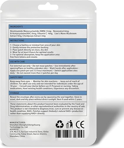 Miniatura 7 de Parches NAD+, veganos, 60 unidades Parches NAD para mujeres y hombres Parche NAD+ para energía y envejecimiento saludable con CoQ10