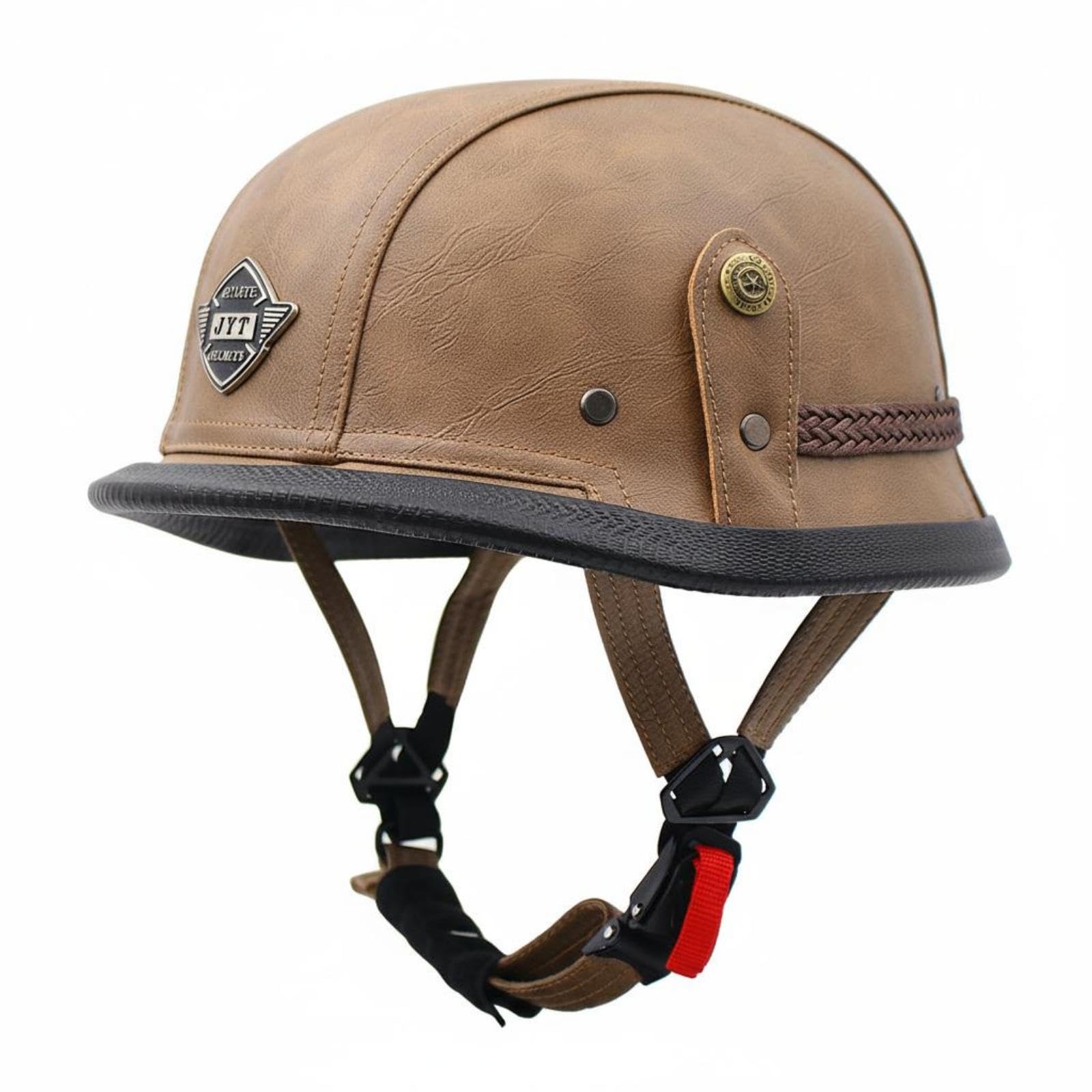 Retro Half Shell Helmet PU Leather Finish Motorcycle Half Helmet Vented Impact-Absorbing Foam Liner Impact-Absorbing Gear for Men, Women Xl Khaki-image-12