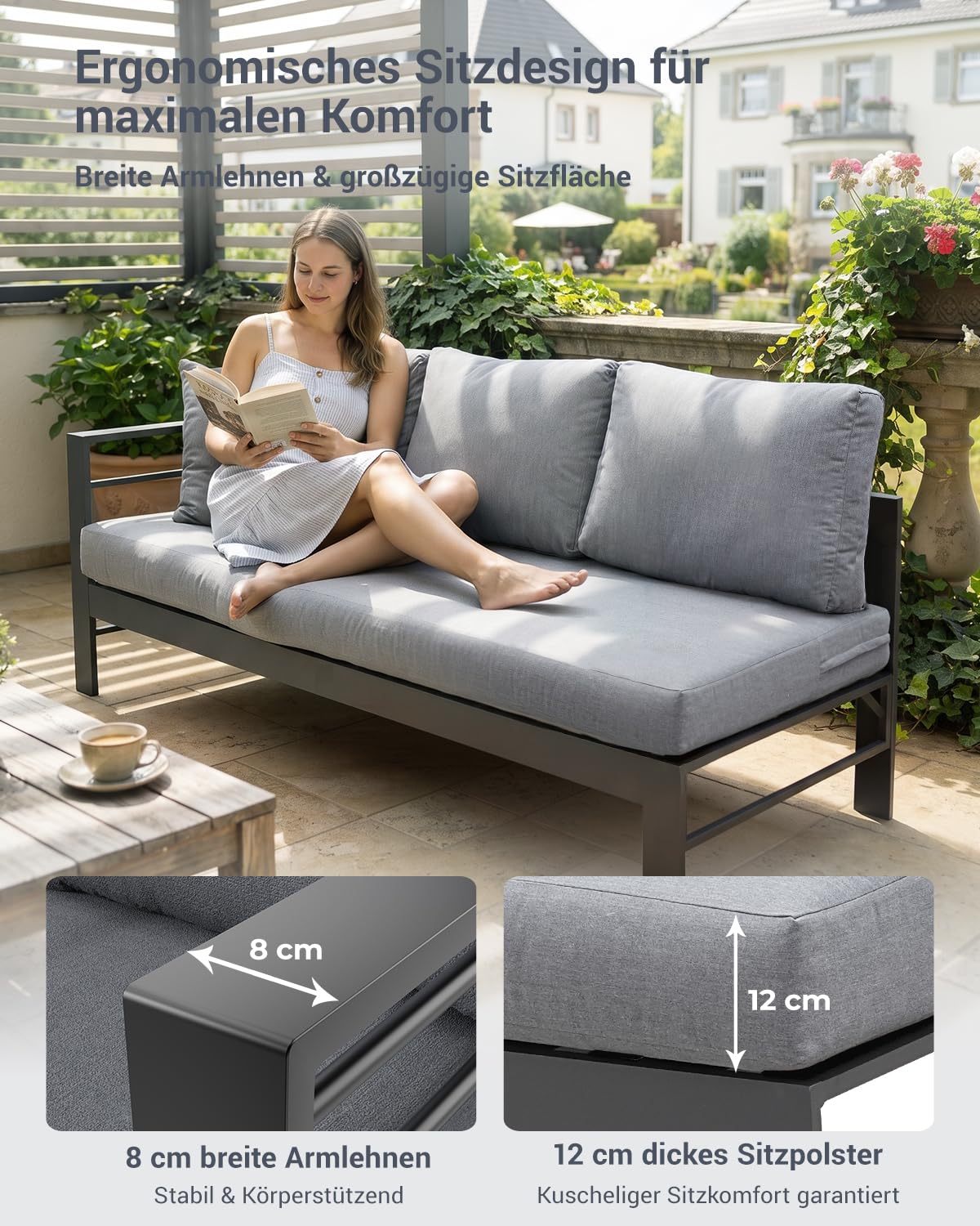 Atenza Gartenlounge wetterfest, Ecksofa 6-8 Personen mit Tisch, Grau | Rostfreies Aluminium, WPC-Tischplatte, 12 cm Kissen, waschbare Bezüge, Sitzbank, Terrasse & Garten