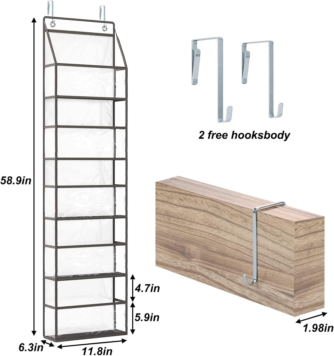 Fixwal Over The Door Hanging Pantry Organizer 5-Shelf Room Organizer with Clear Plastic Pockets Behind The Door Storage Organizer Large Capacity Organizer for Closet Bedroom Bathroom (Grey)