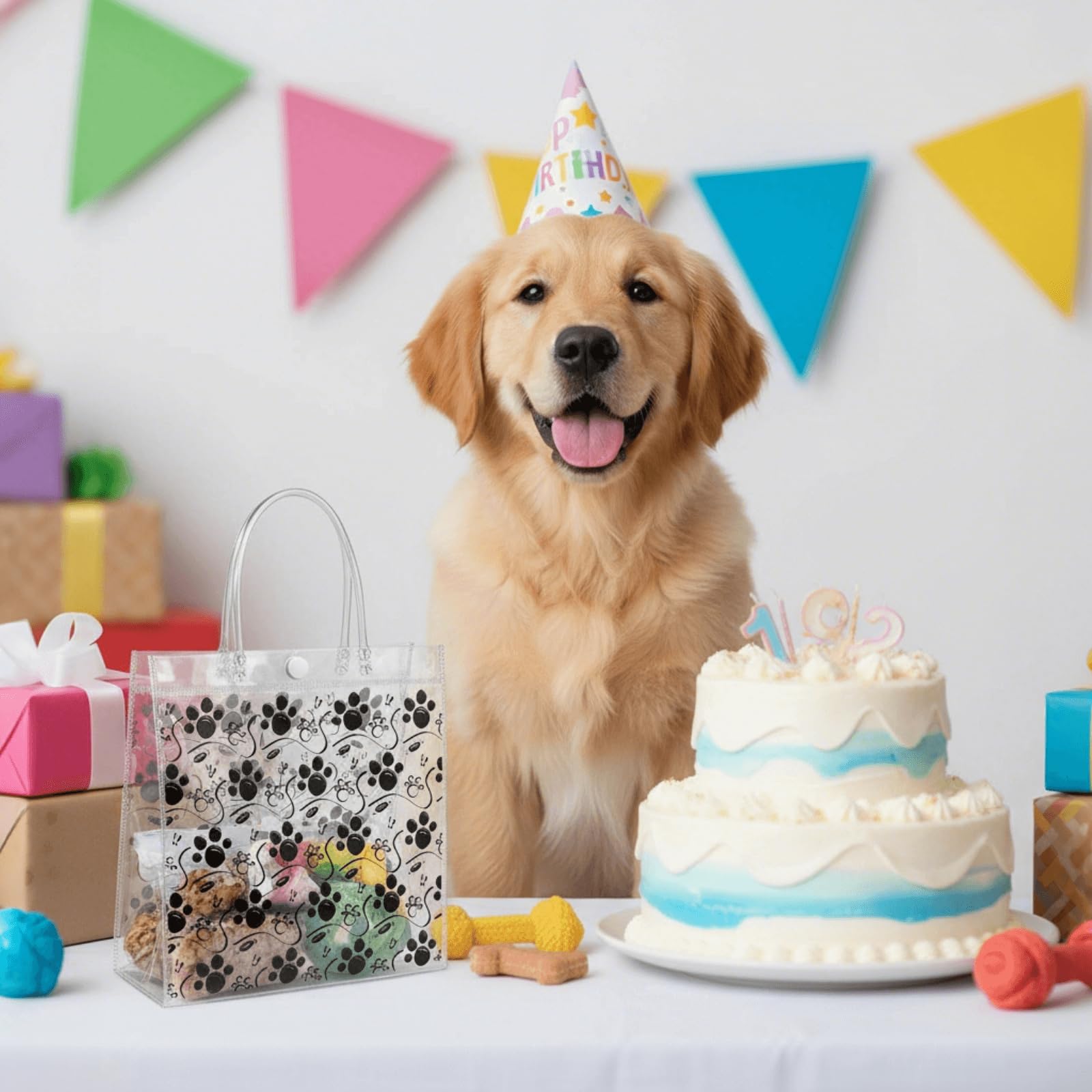 Youeon 30 Pcs Dog Paw Clear Gift Bags with Handles, 8x8x3 Inch Reusable PVC Treat Bags, Transparent Plastic Tote Bags for Pet Party, Birthday, Baby Shower, Candy, Cookie, Easter Favor Gifts