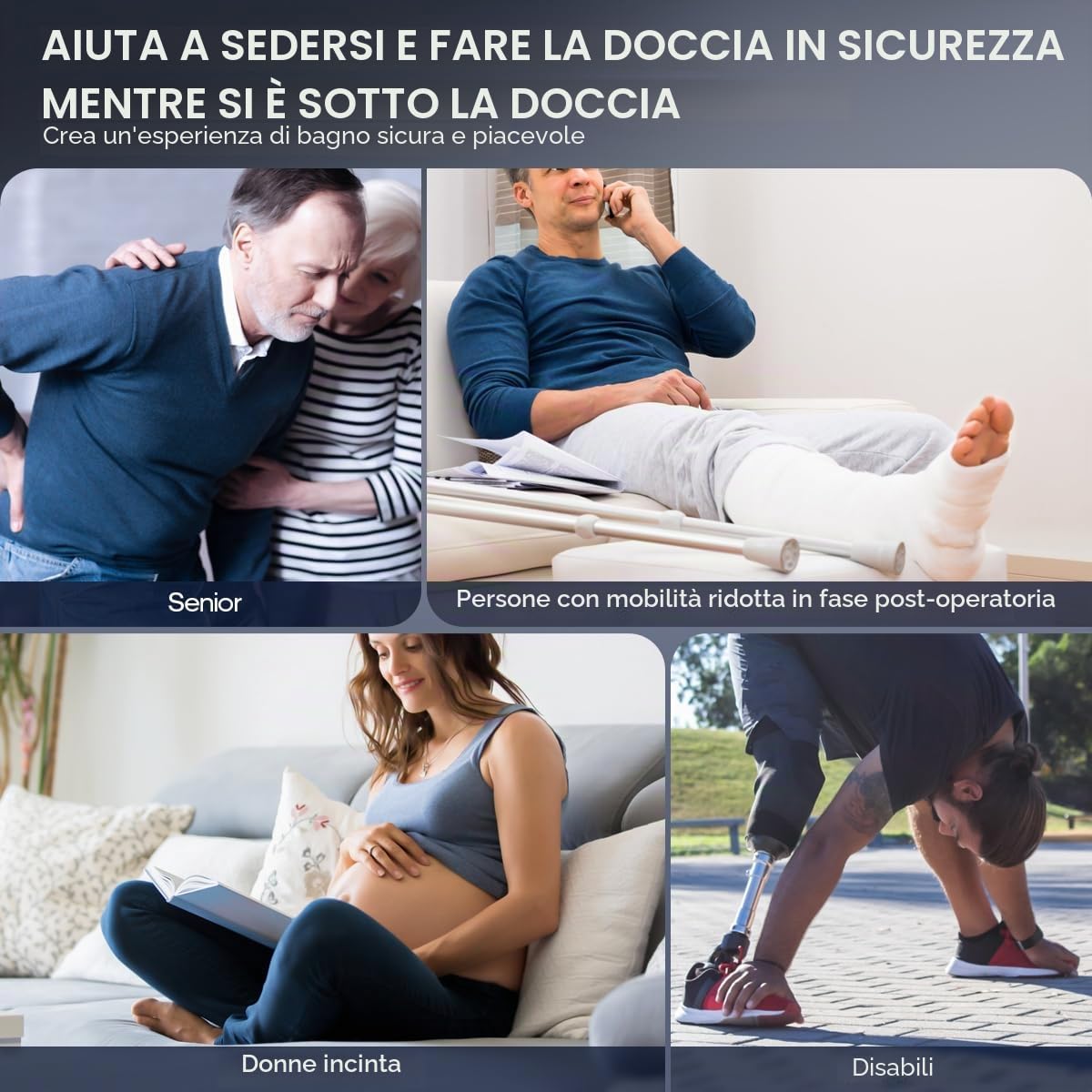 Sgabello da doccia pieghevole a parete, sedile doccia alto 42 cm, con piedini antiscivolo, foro di drenaggio, fessura per soffione doccia,adatto per anziani e disabili