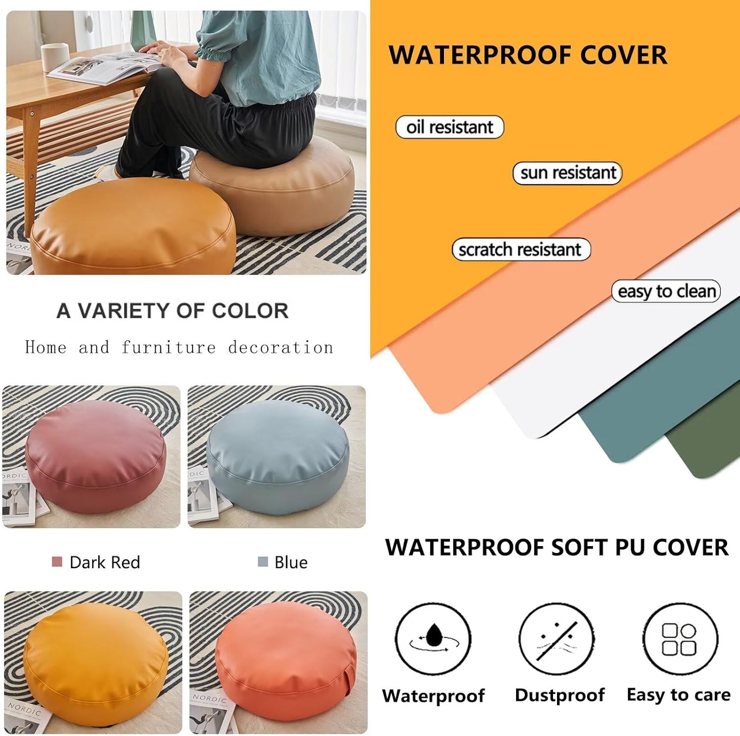 Story Time Cushions with Handles, Round Seat Cushions for Classroom, Waterproof and Dust-Resistant PU Floor Pillow For Reading Nook Classroom, 6in/18cm Thick Floor Cushion Multi-Sizes, Yellow A