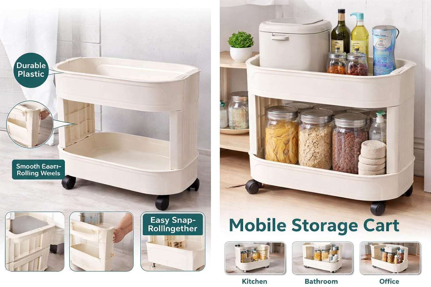 VBM 2-Tier Rolling Desk Organizer with Wheels, Countertop Storage Cart for Kitchen Spice Rack, Bathroom Vanity, Office Desk Mail Holder, Plastic Utility Shelf for Pantry, & Small Spaces 4