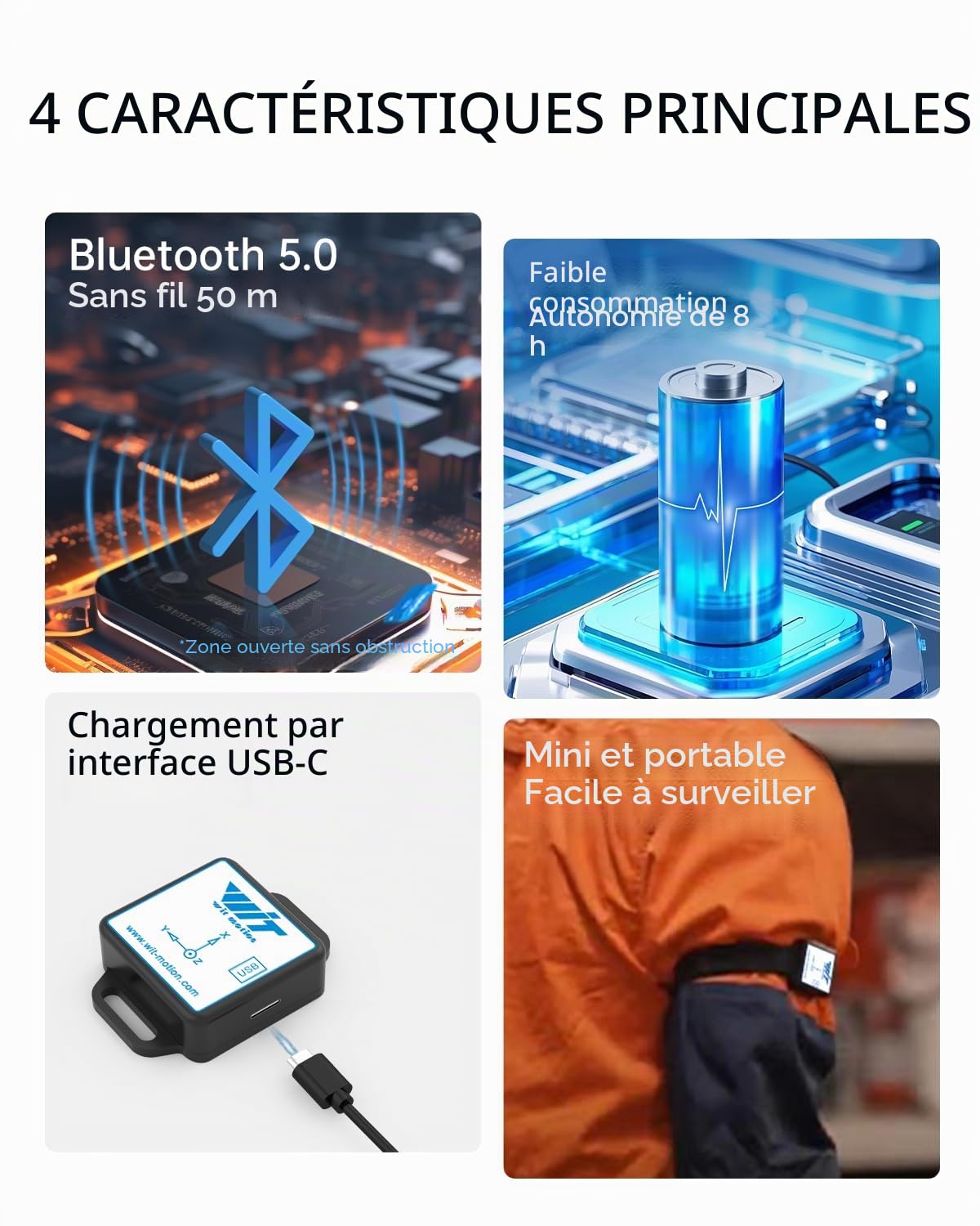 [Bluetooth 5.0 Beschleunigungssensoren] WT901BLECL 9-Achsen-Neigungssensor, 3-Achsen-Beschleunigungsmesser + Gyroskop + Magnetometer + Neigungsmesser, IMU-Sensor MPU9250-Modul Motion USB