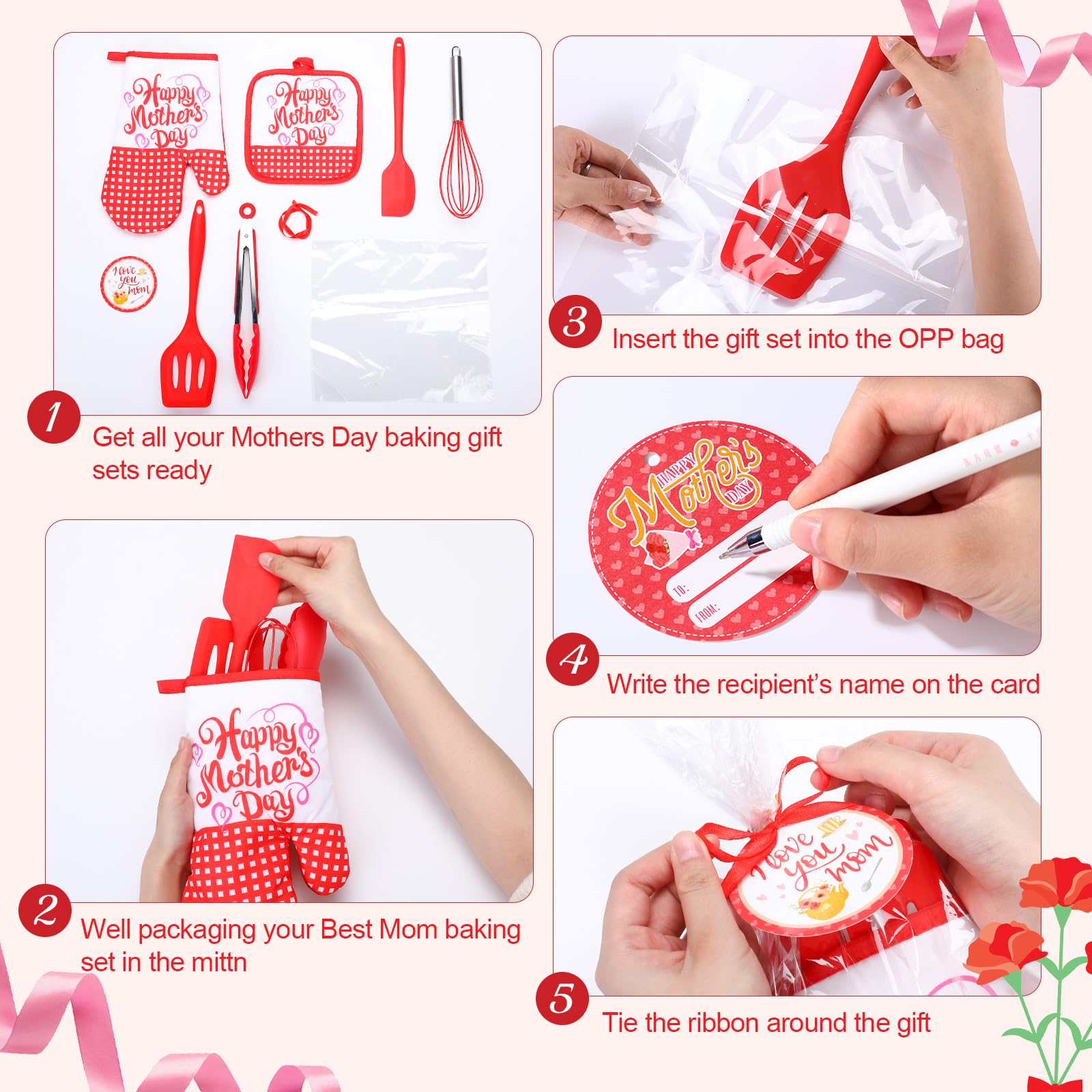 Maxdot Juego de 42 manoplas de horno y soportes para ollas para el Día de la Madre, color rojo, de 10 pulgadas, con tarjeta de regalo, el mejor regalo de cocina para mamá