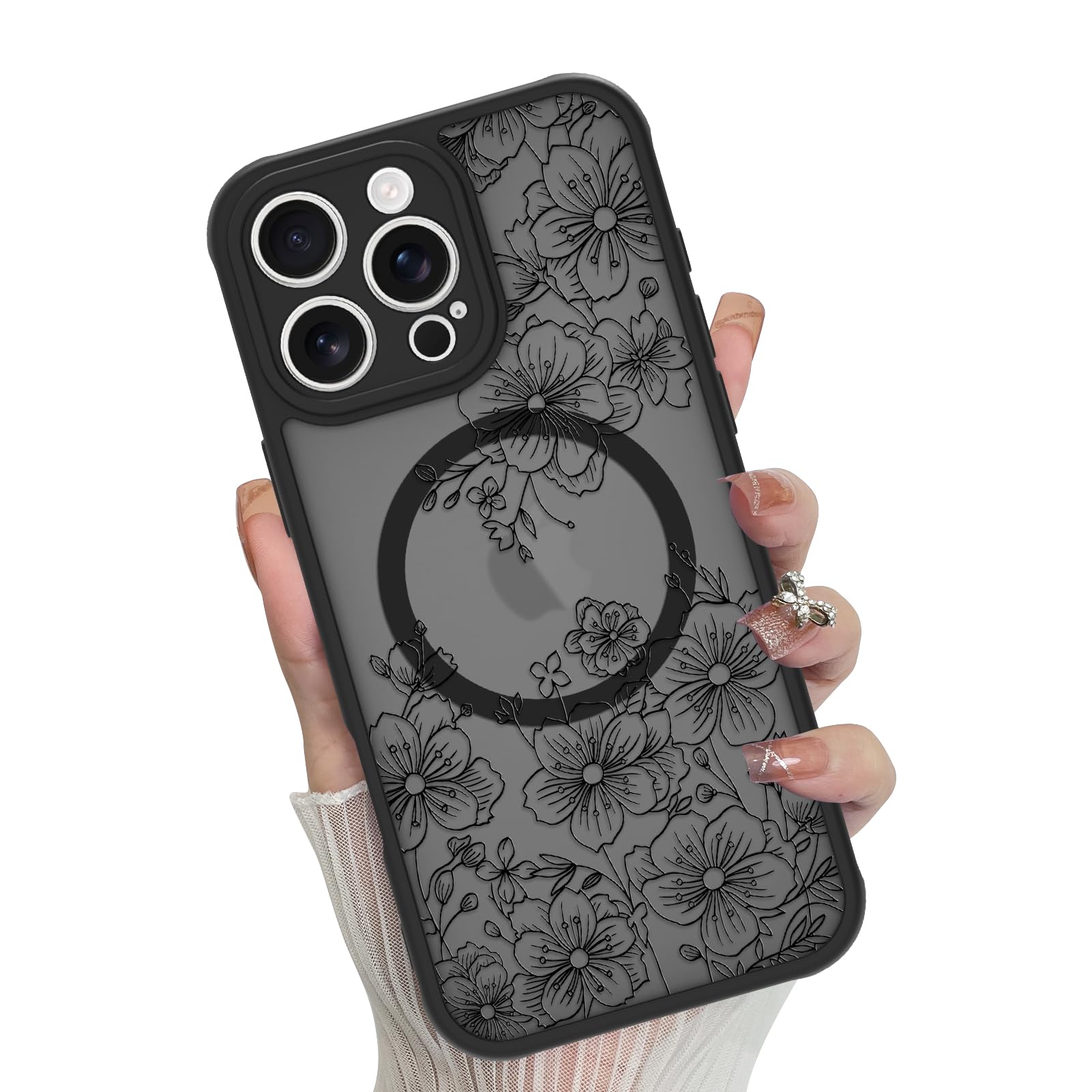Coque iPhone 16 Pro MagSafe florale noire translucide - 7
