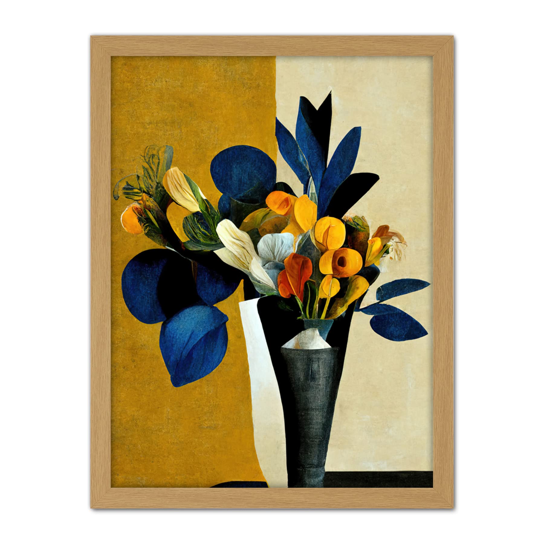 Wee Blue Coo Blue Mustard Ochre Orange Autumnal Abstract Bouquet Flowers Painting Artwork Framed Wall Art Print 18X24 Inch