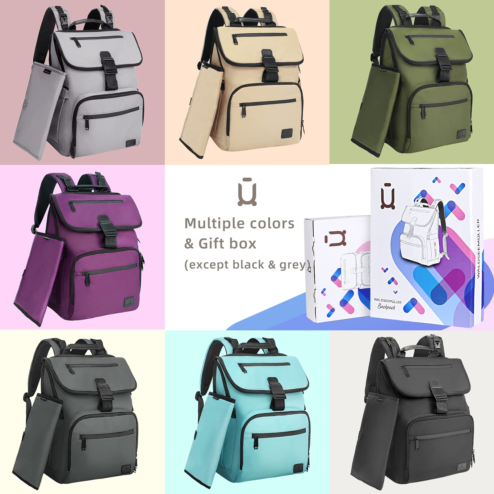 Waldseemüller Zaino Mamma Multifunzione, Tessuto Ecologico Grande Capacità Fasciatoio, Zaino per il Cambio Unisex con Materassino e Sacchetto Termico di Bottiglia (Grigio)