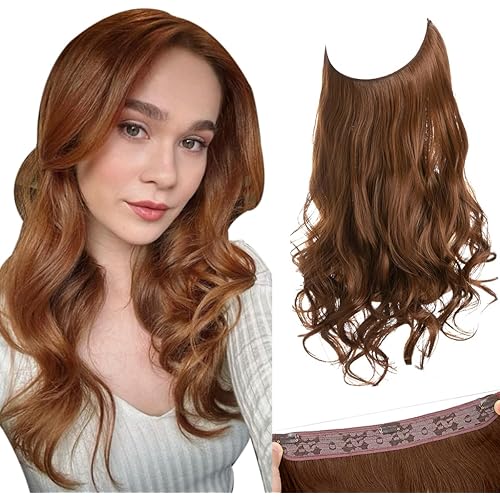 SARLA Invisible Wire Hair Extensions with 3 Clips Short Synthetic Wavy Curly Hairpiece Adjustable Transparent Headband for Women 14 Inch Light Auburn