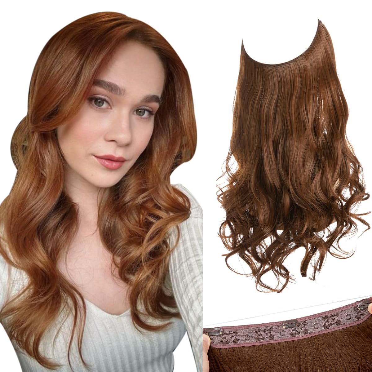 Photo 1 of SARLA Invisible Wire Hair Extensions with 3 Clips Long Synthetic Wavy Curly Hairpiece Adjustable Transparent Headband for Women 18 Inch Light Auburn