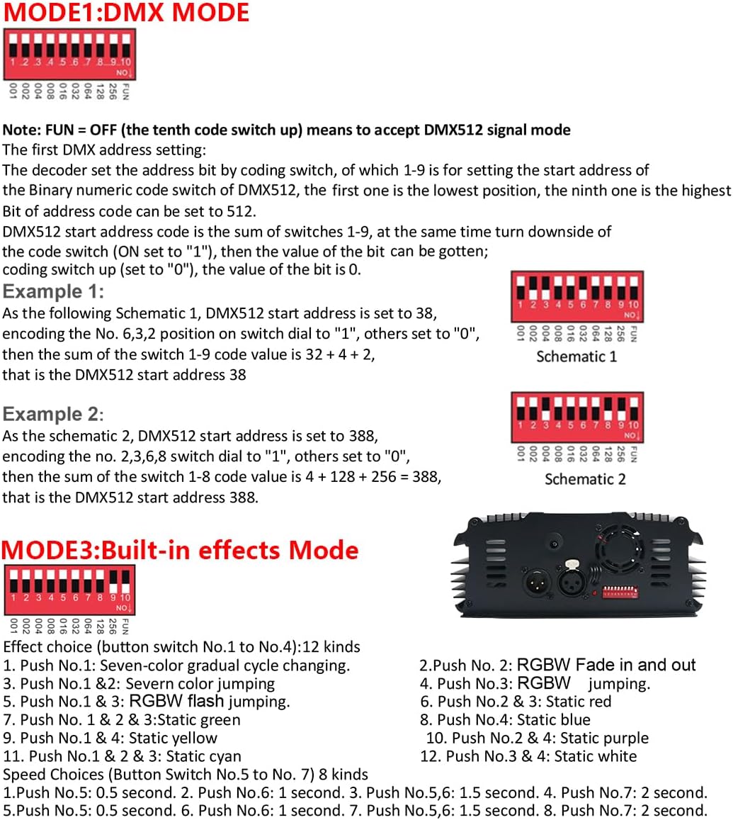 Diagrams explaining DMX address setting and built-in effects mode.