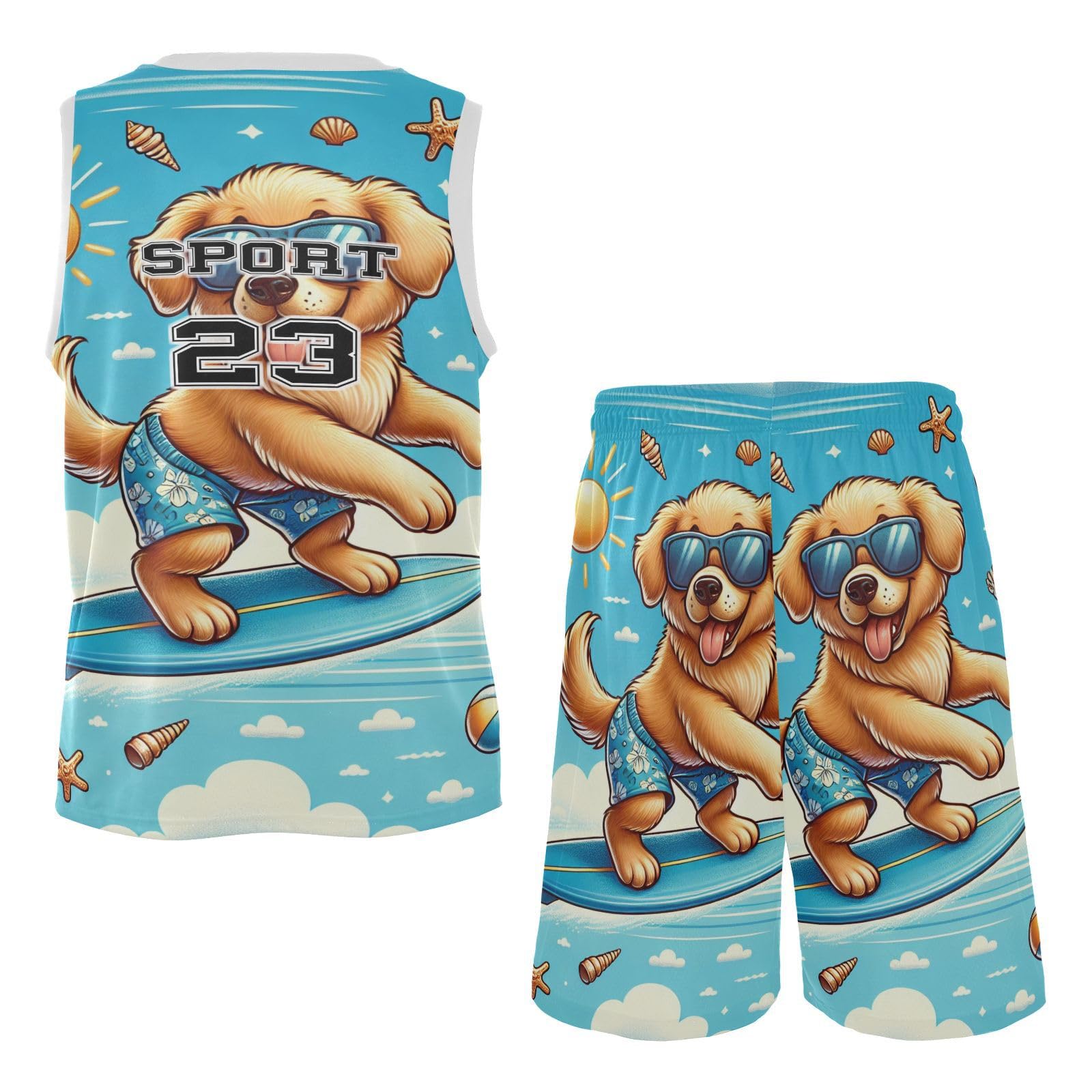 FLildon Summer Surfing Dog Boys Basketball Jersey Set Tank Top Shorts Tracksuit Sport Training Suit for Kids, XXL