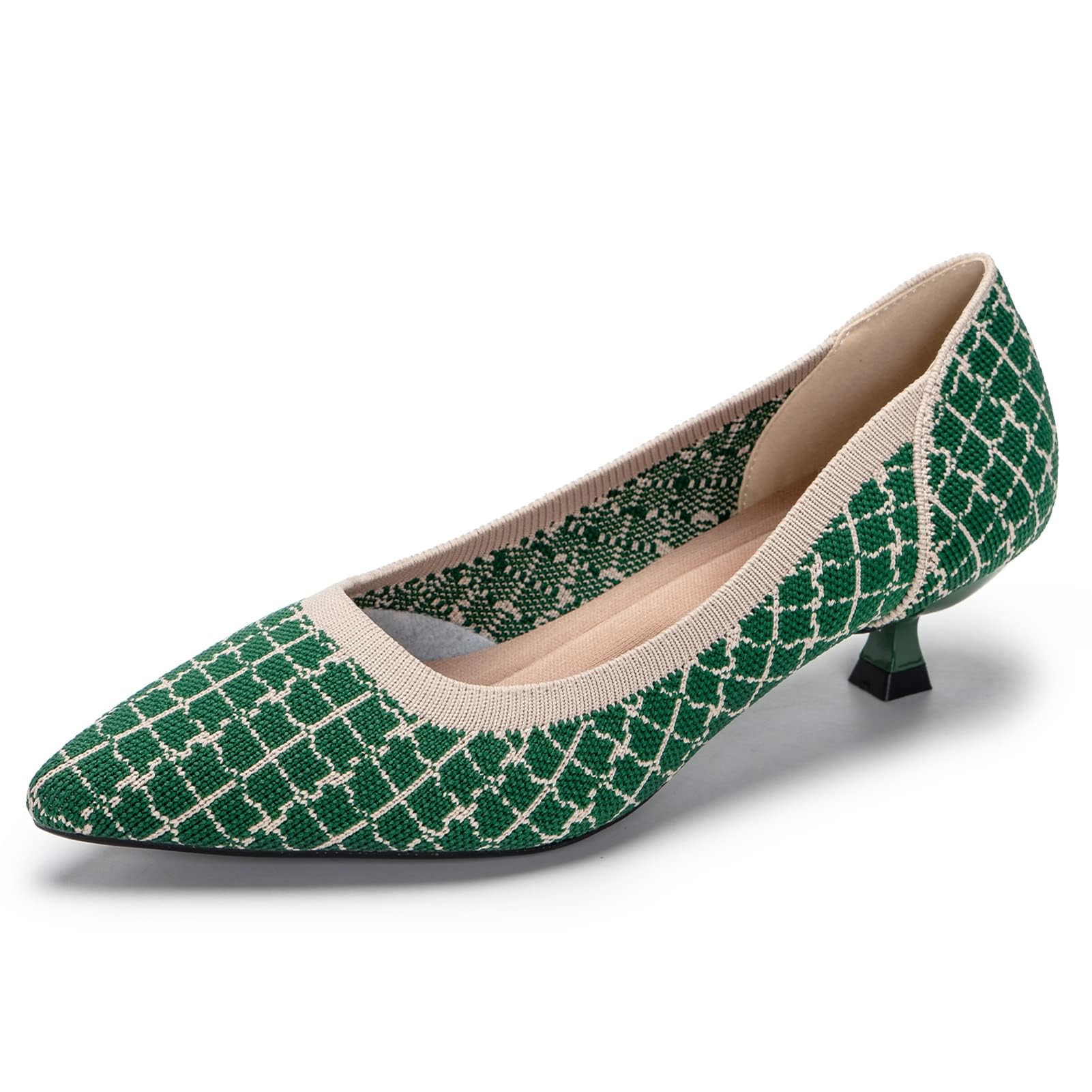 youngshow Women's Pumps Kitten Heels Pointed Toe Knit Slip On Comfortable Casual Formal Dress Shoes