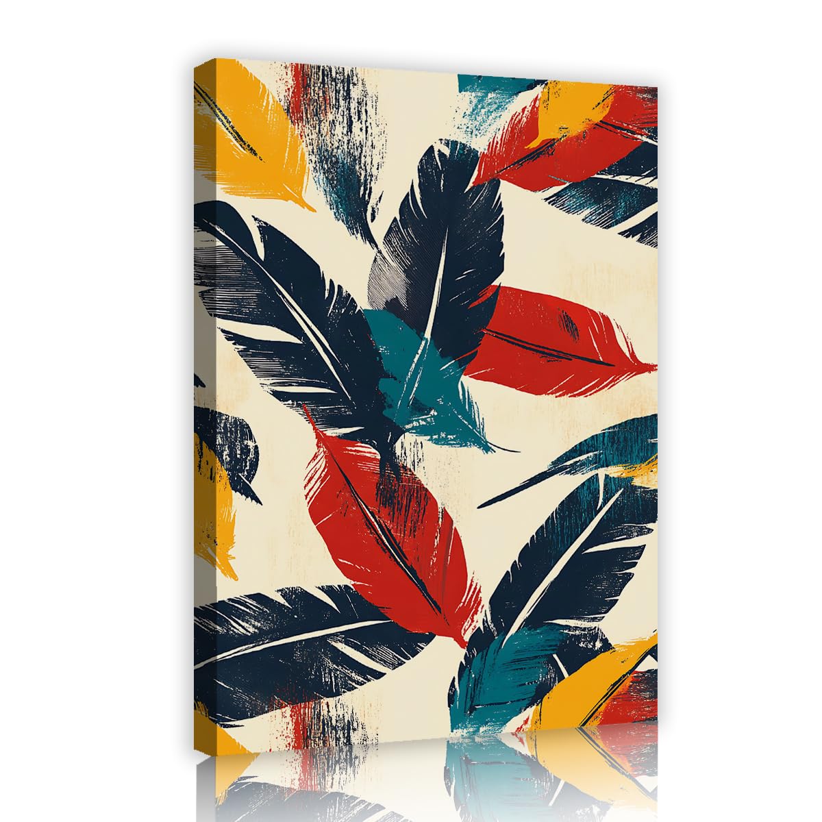 Via Vela Retro Feather Leaves Framed Canvas Pictures Guest Room Mid Century Modern Distressed Painting Colorful Posters Ready to Hang Artwork for Kitchen Decor 80x120cm