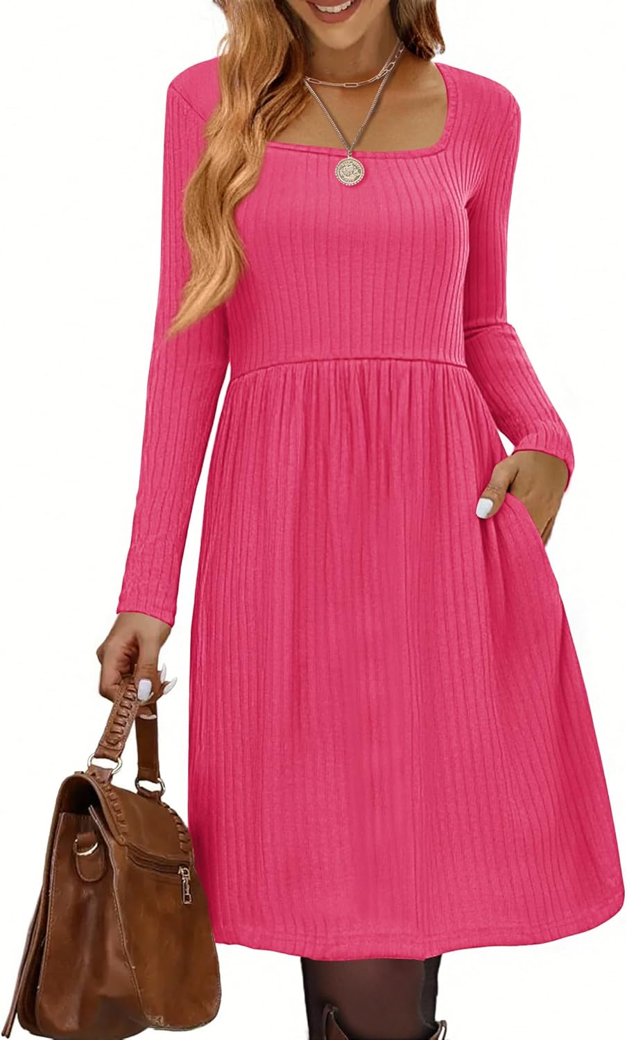 Zeagoo Womens Casual Sweater Dress Square Neck Knit Long Sleeve Dress with Pockets A-Line Knee Length Fall Winter Dress