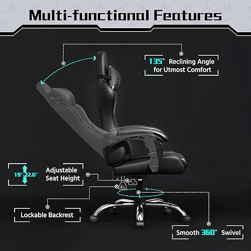 Miniatura 7 de Yaheetech Silla para videojuegos, silla de computadora con reposacabezas y soporte lumbar de masaje, silla de juegos ergonómica ajustable de altura