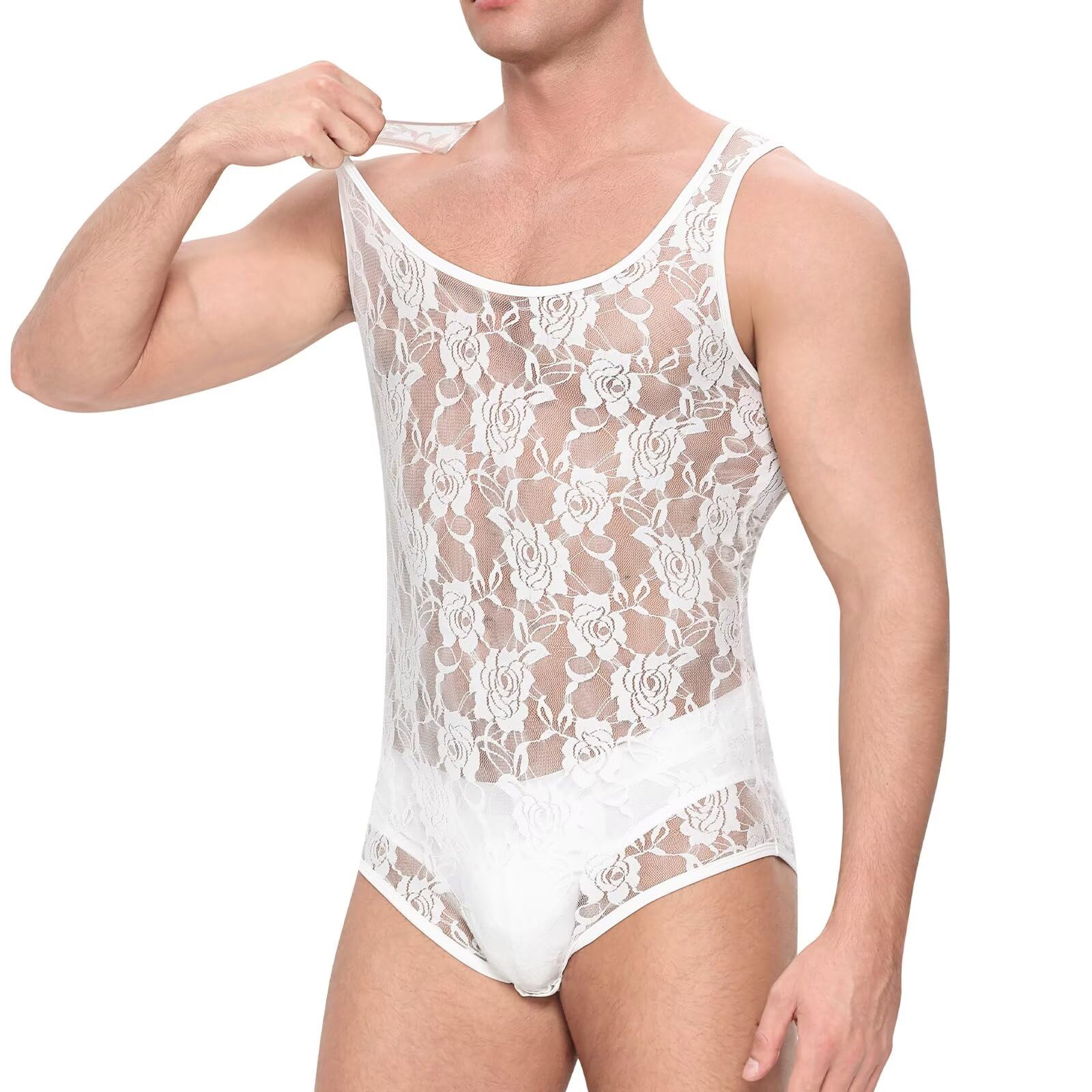 Landofgenie Body Homme Dentelle sans Manches - Tank Top Respirant avec Fermeture à Bouton-Pression à l'entrejambe