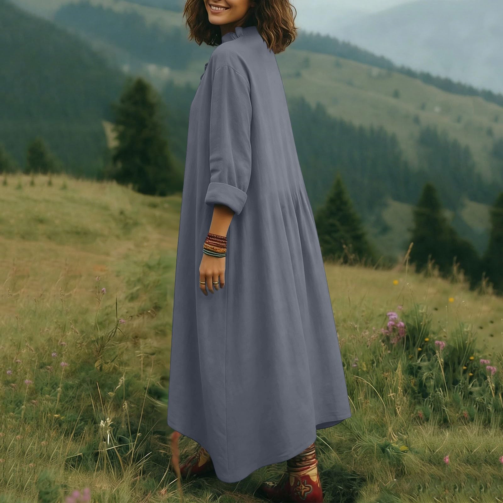 Abiti Estivi Donna Lino Vestito Lungo in Cotone a Maniche a 3/4 Morbido e Traspirante Abiti Mare Casual Tinta Unita Abito Scollo a V Boho Chic Vestiti Larghe e Leggeri Vestiti Baggy da Spiaggia