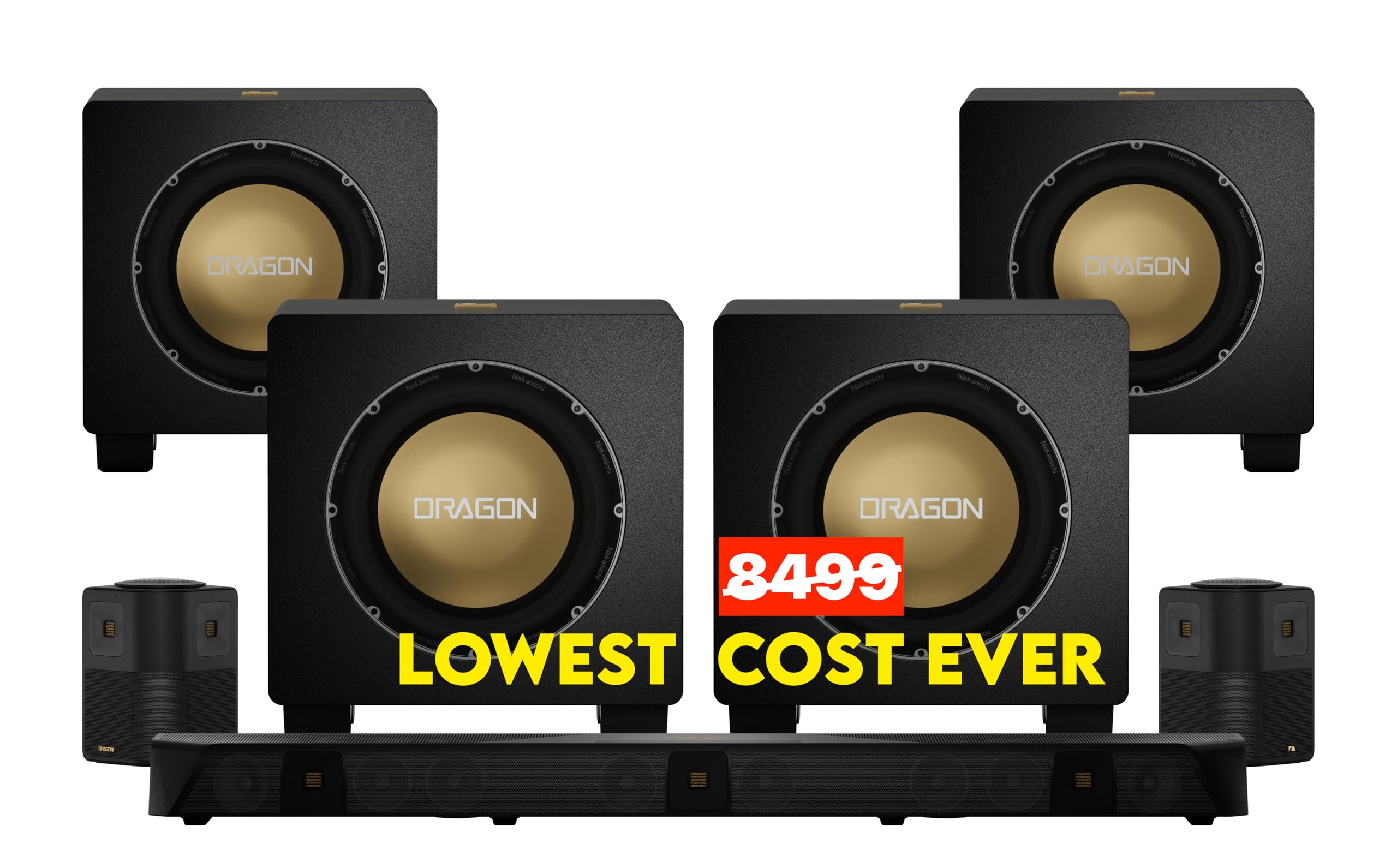 NakamichiDragon Home Surround Sound System with Quad 12" Subwoofers, Dolby Atmos and DTS:X Pro. Soundbar Meets AV Receiver