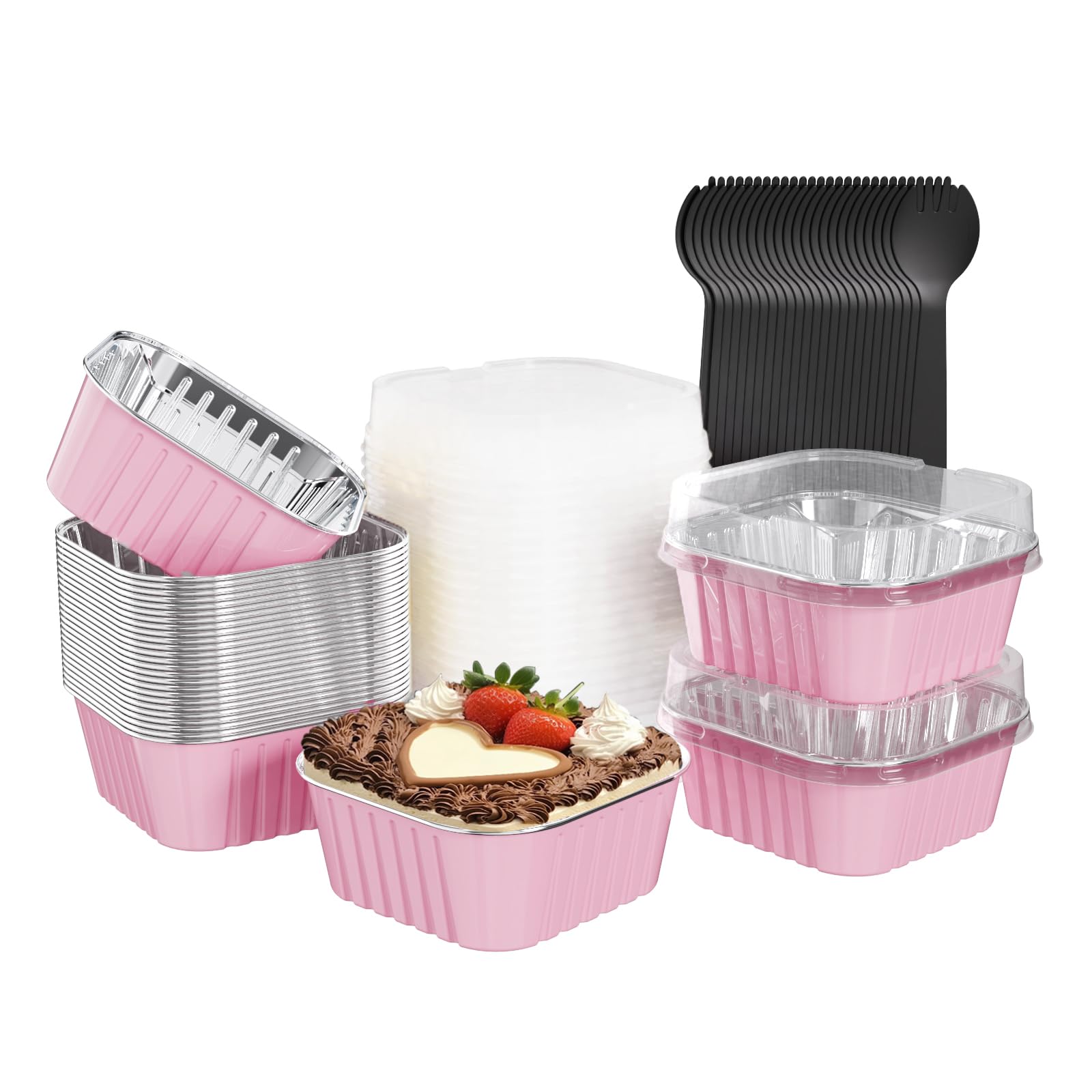 Ksmxos 25 Pack Square Mini Cake Pans with Lids,Mini Loaf Pans with Lids,Aluminum Foil Baking Cups,Disposable Ramekins Cupcake Cups,Dessert Cups for Wedding Birthday Party Picnics,5oz (Pink)