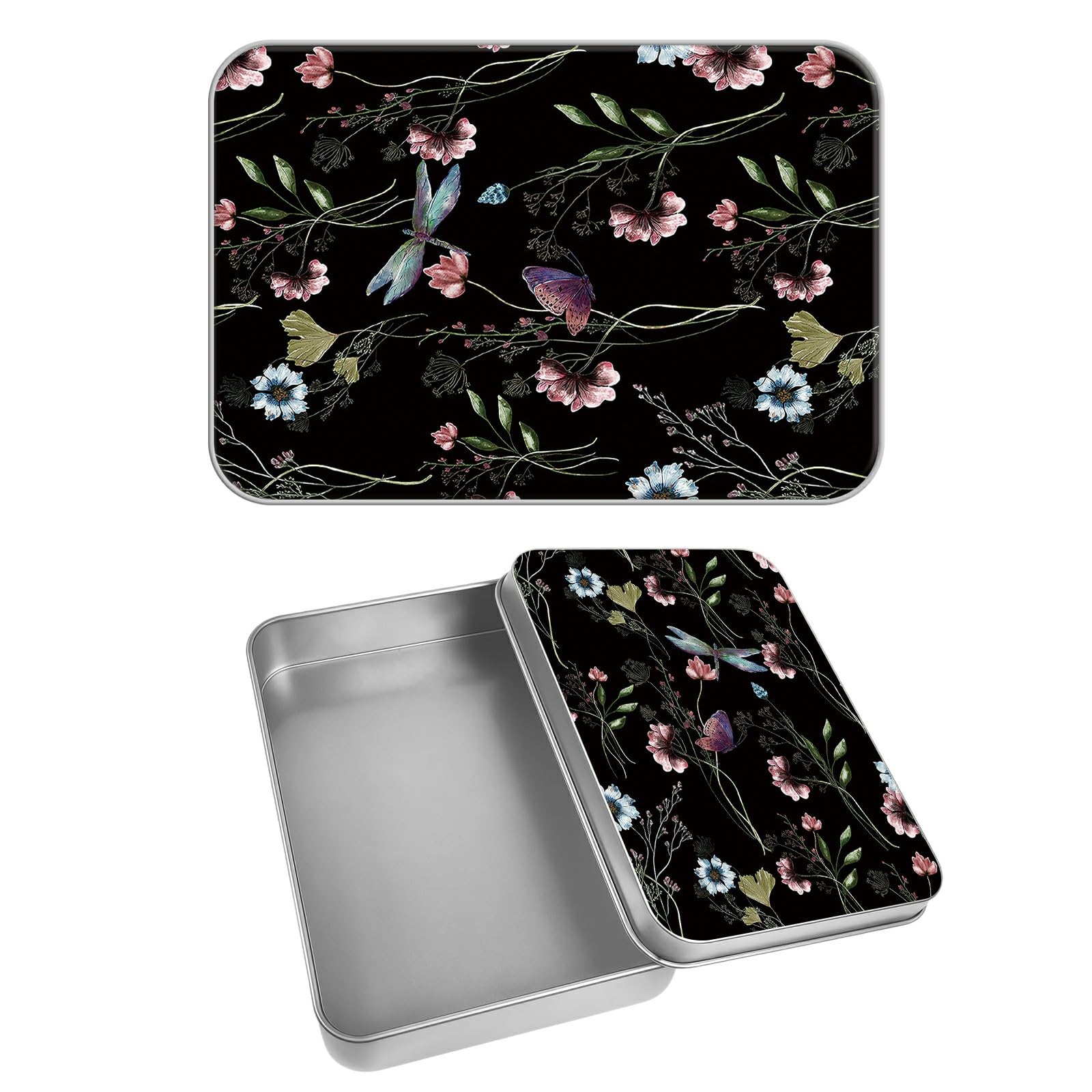 Rectangular Metal Tin Box with Removable Lid, Wild Flower Butterfly Decorative Printed Metal Storage Container for Cards, Diaries, Home Organization 4.53 x 3.35 x 0.86 inch– Single Pack