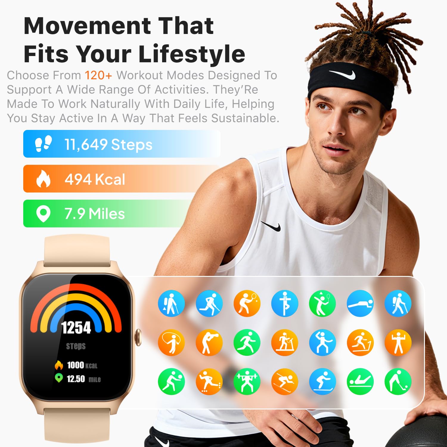 Kriutefy Smart Watch for Women Men - Answer/Make Call, Fitness Tracker Smartwatch for Android iPhone Compatible, Sleep Female Cycle, 120+ Sports Modes Step Counter (Champagne Gold, 2 Straps) — view 5