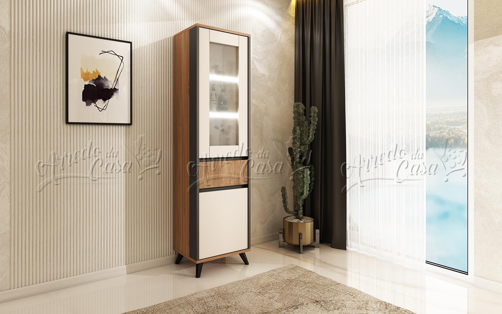 ARREDO DA CASA Vetrina Moderna per Soggiorno, 50x190x40 cm, Illuminazione LED, Cassetto ad Estrazione Totale e Ante Soft-Closing, Rovere/Grafite/Beige VU1