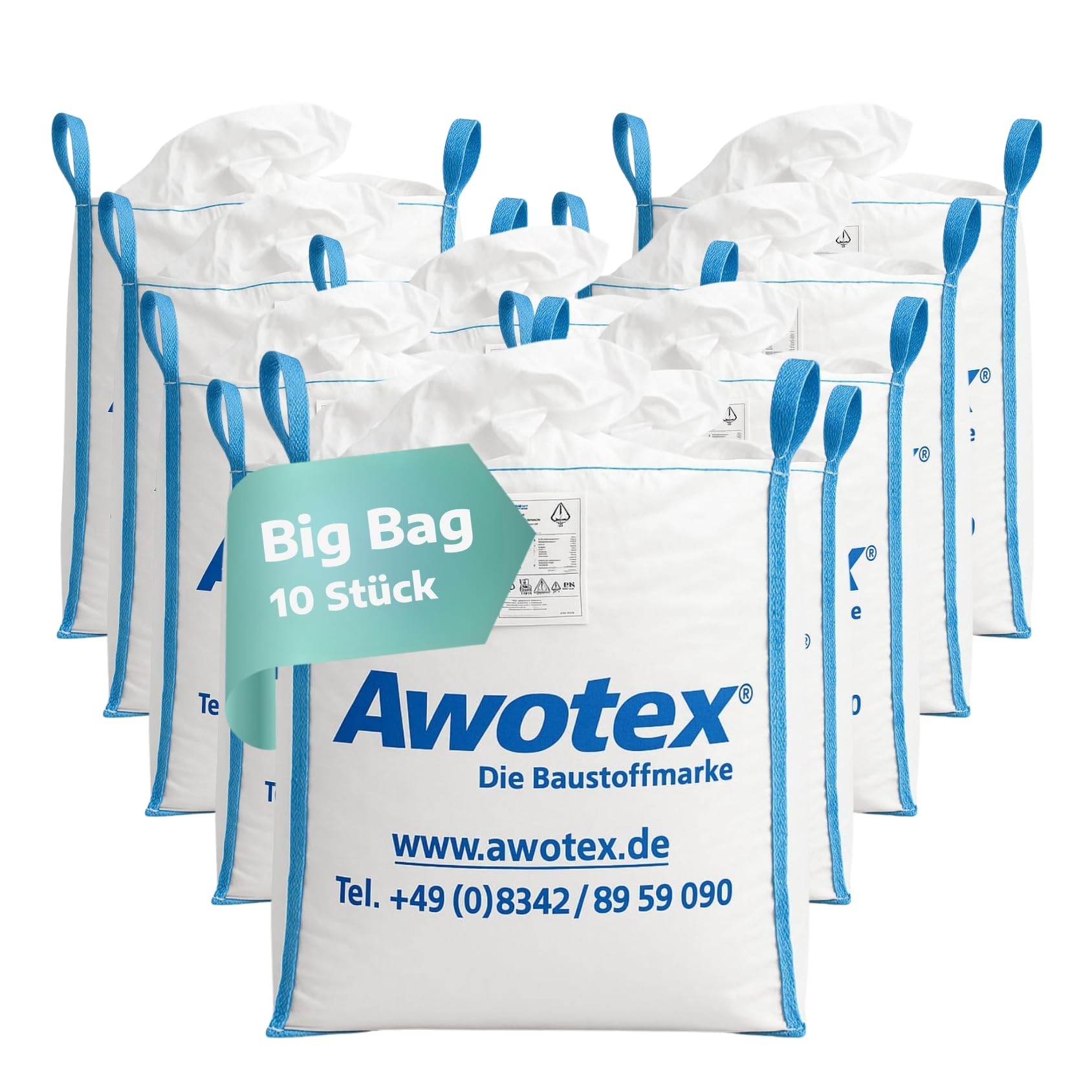 10 Stück Big Bag beschichtet in 90 x 90 x 110 cm I Säcke mit 4 Hebeschlaufen I mit 1000kg Traglast I Baustellen-Zubehör I Säcke für Baustelle & Landwirtschaft