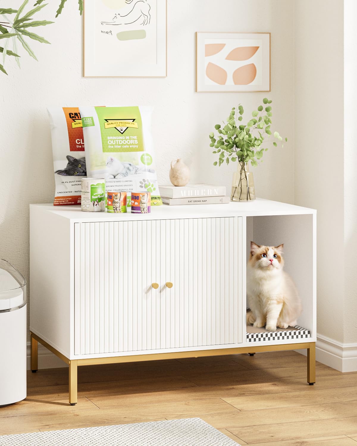 Apetaccat Cat Litter Box Enclosure, White Litter Box Furniture Hidden with Scratching Mat,Hidden Cat House for Indoor,Fit Most Cats and LitterBox(White,Fluted)