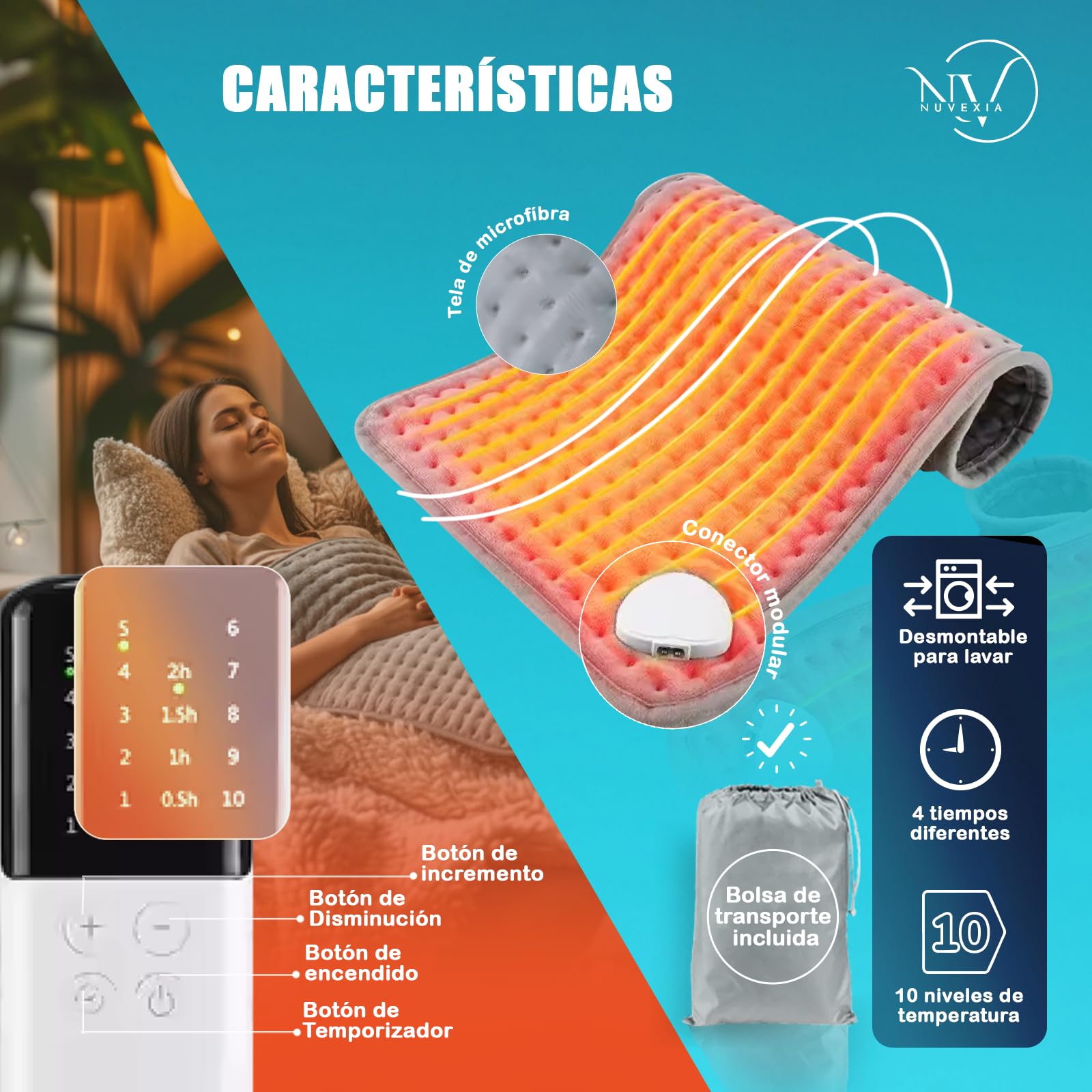 SUPER Manta Electrica PREMIUM Con 10 Modos de Temperatura + Bolsa De Transporte REGALO | Almohadilla Electrica Lumbar | Esterilla para Espalda y Cuello | Manta Termica Para Dolor y Colico