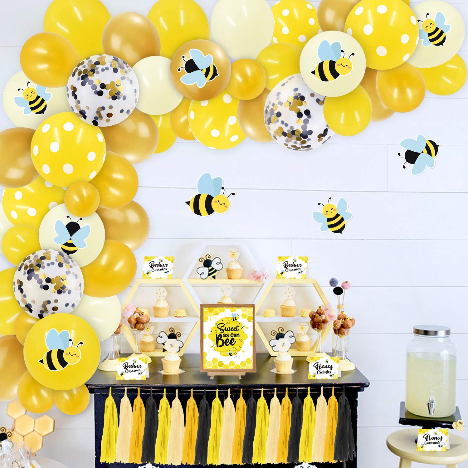 Bee Baby Shower Party Decor(138pcs)with Food Labels,Bee Bar Sign,Thank You Tags,Tissue Paper Tassels,Cardstock Stickers,Balloon Garland for Bumblebee Theme Mommy to Bee What Will It Bee Baby Shower