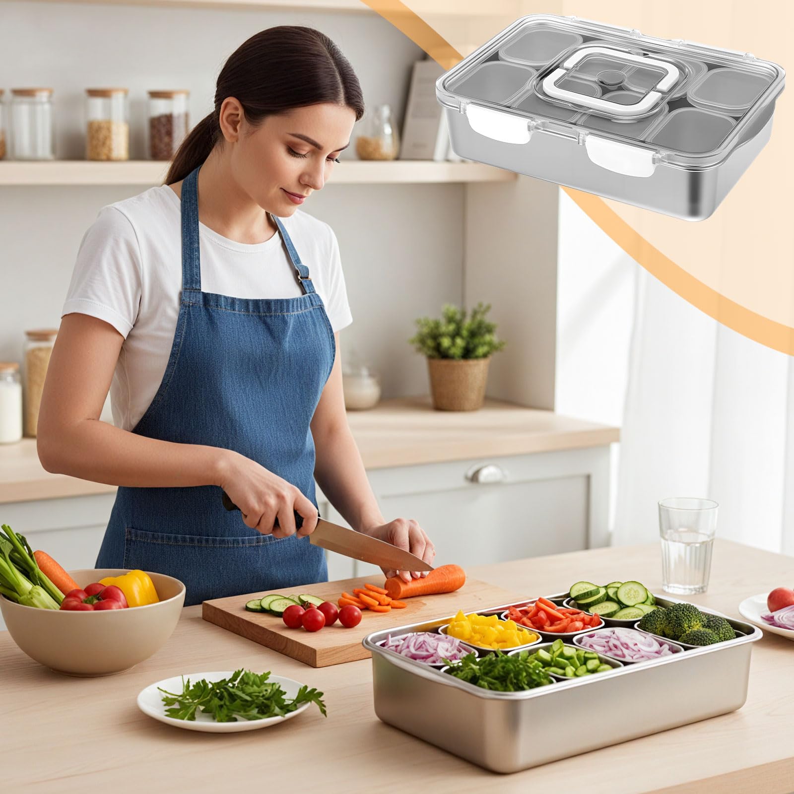 SiliFine Snackbox aus Edelstahl, 8 Fächer, geteiltes Serviertablett mit Deckel und Griff, tragbare Snackplatten, Aufbewahrungs-Organizer für Obst, Süßigkeiten, Nüsse, Gemüse, Reisen, Party, Picknick