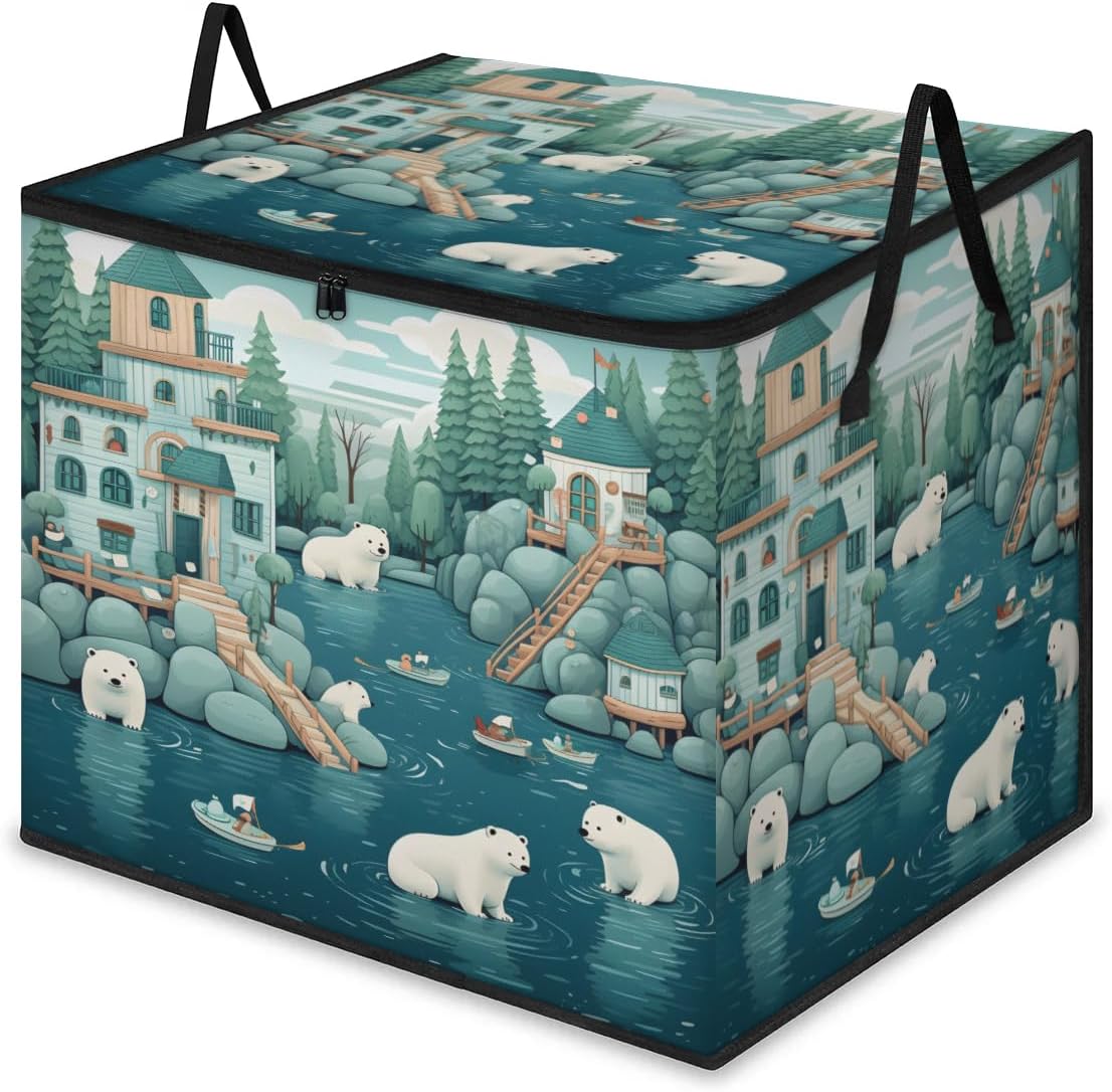 Honeybaby 214L Extra Large Comforter Storage Bag Playing Bears Storage Totes with Lids Waterproof Closet Organizer Folding Blanket Storage Bags for Clothes Bedding Pillows